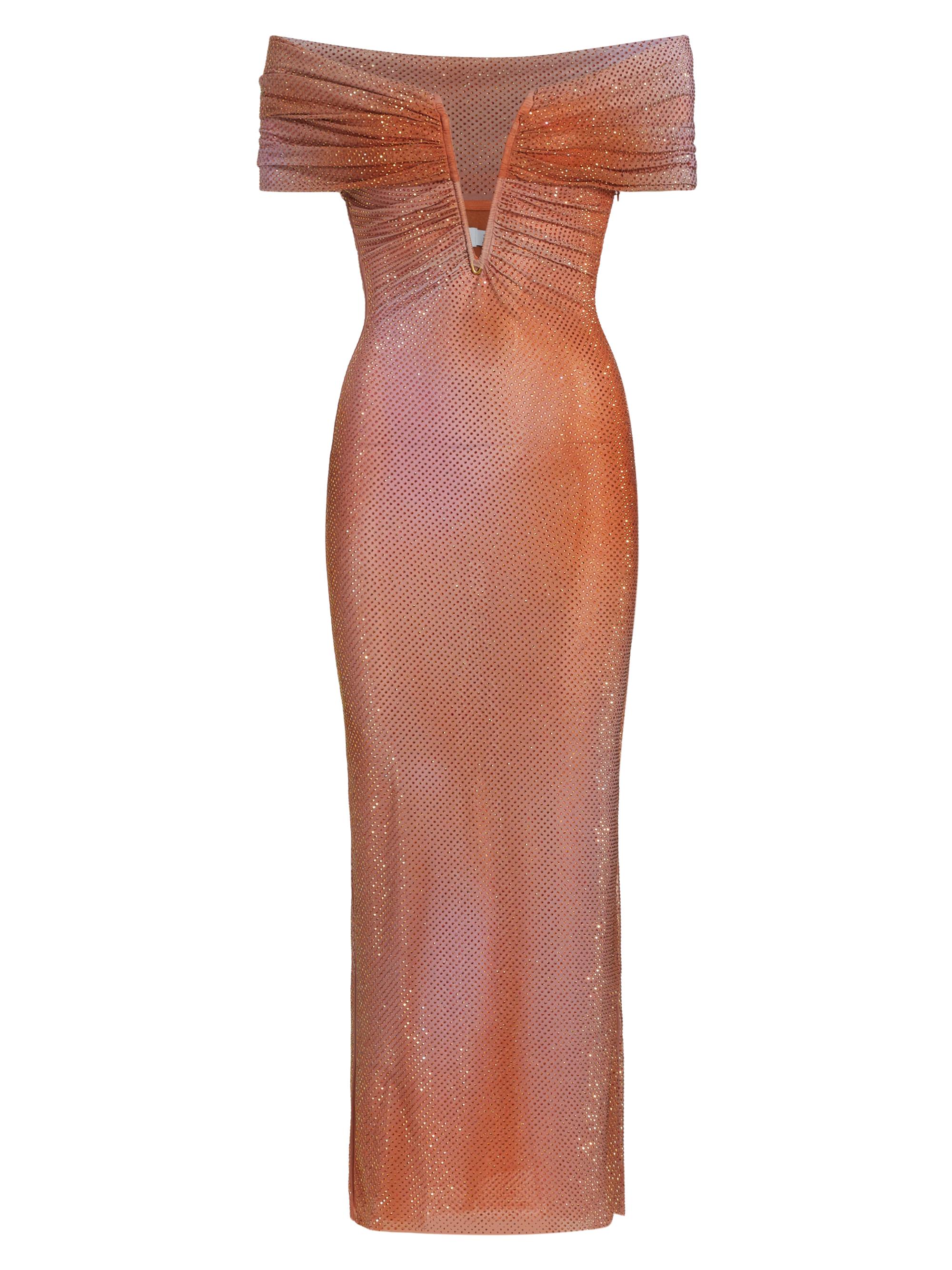 Self-Portrait Women's Rhinestone Mesh Off-the-Shoulder Midi-Dress - Orange Print