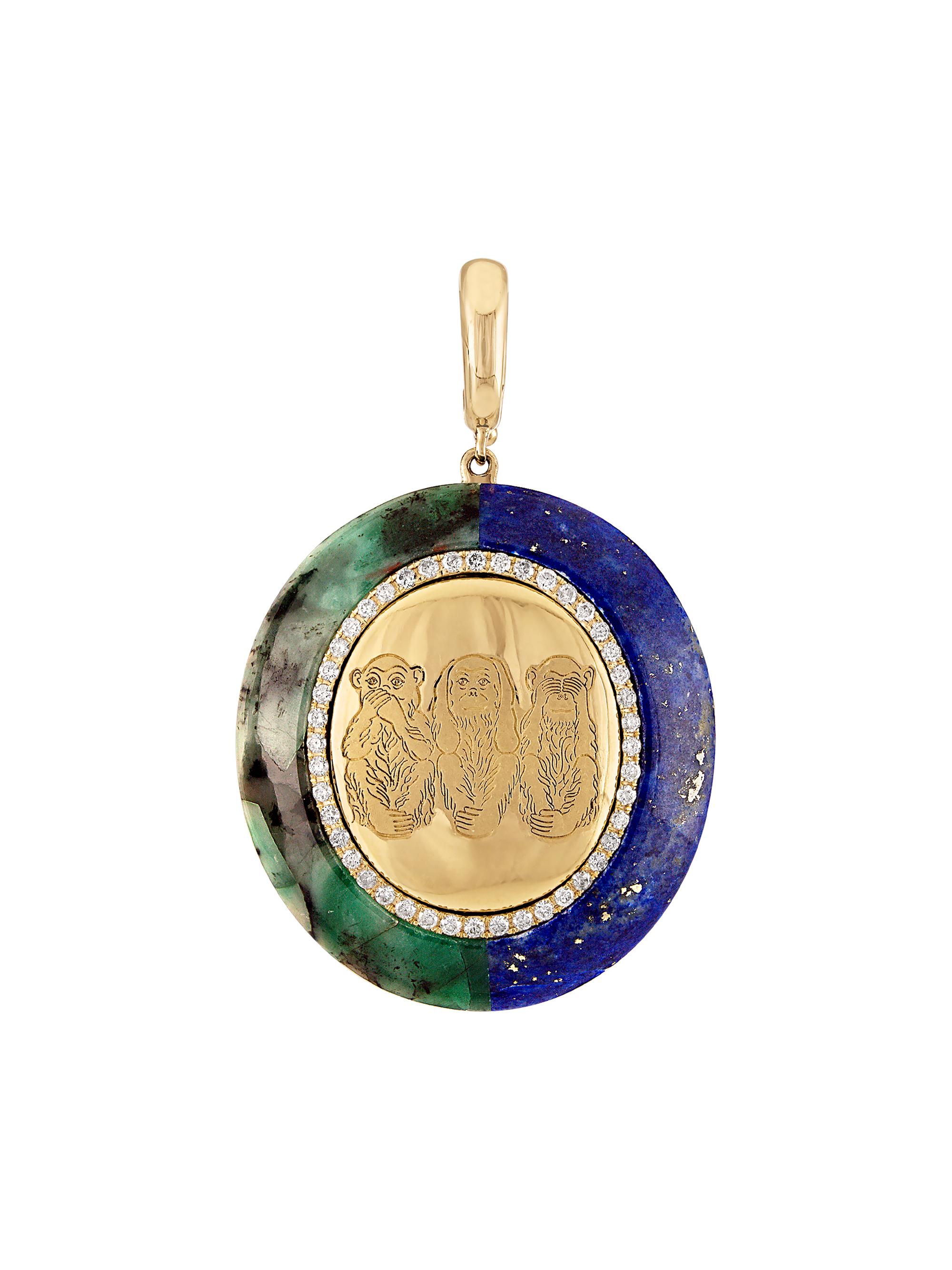 Eden Presley Women's Flora & Fauna Wise Monkeys 14K Yellow Gold, 0.27 TCW Diamond, Malachite & Lapis Lazuli Pendant - Yellow Gold