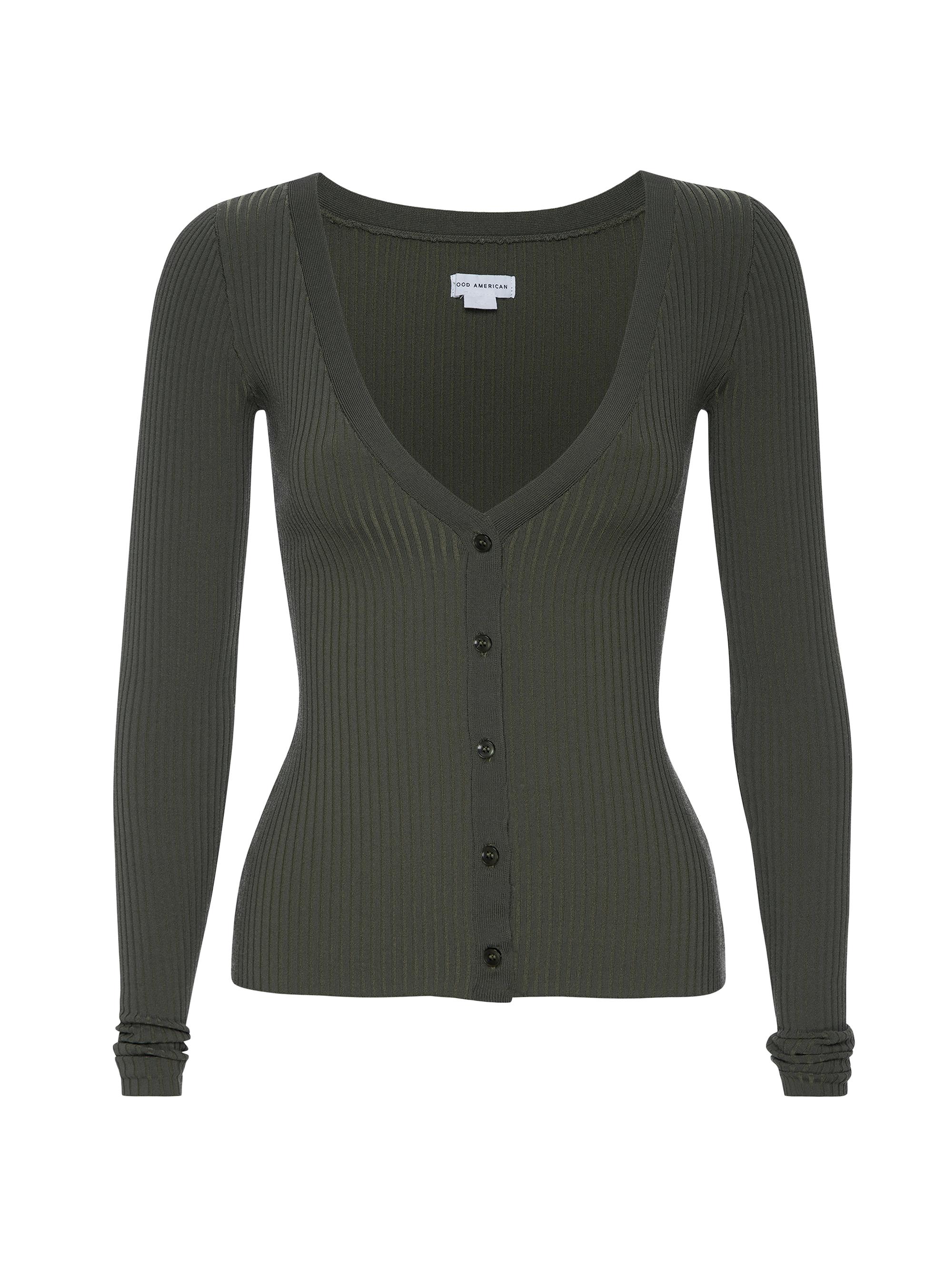 Good American Women's Shine Rib V-Neck Cardigan - Fatigue