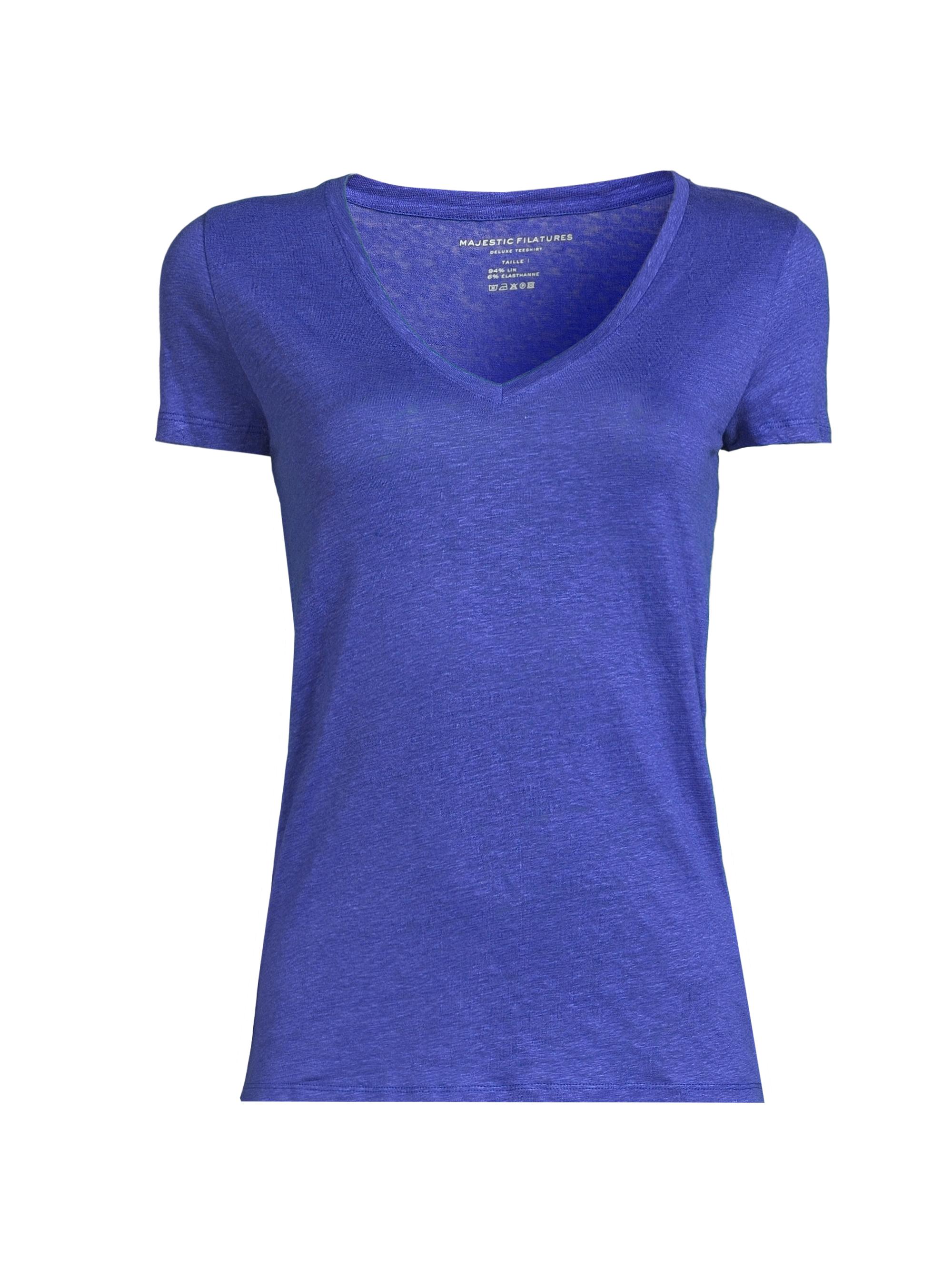 Majestic Filatures Women's Stretch Linen V-Neck T-Shirt - Klein