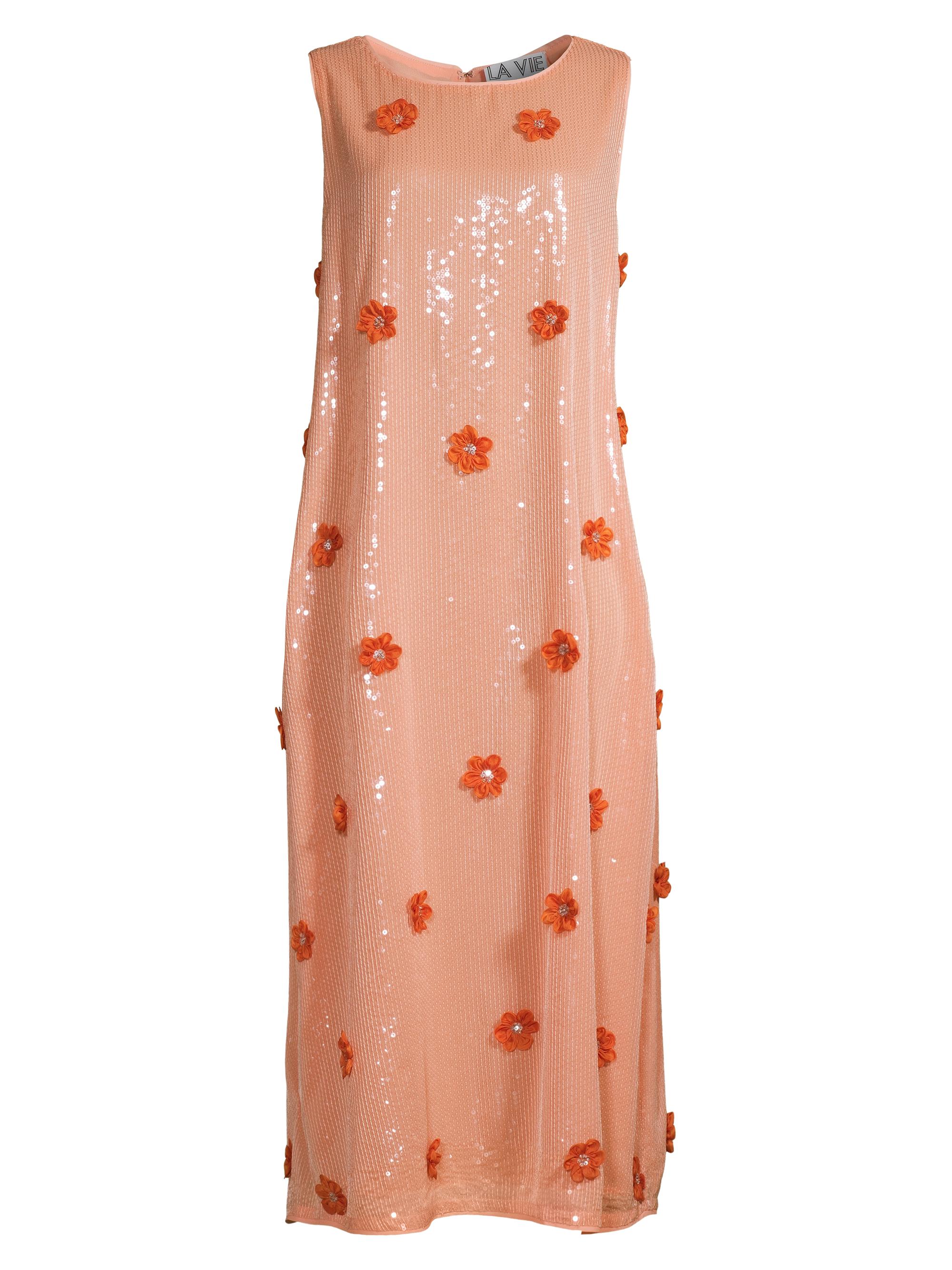 La Vie Style House Women's Floral Appliqué Sequined A-Line Dress - Orange