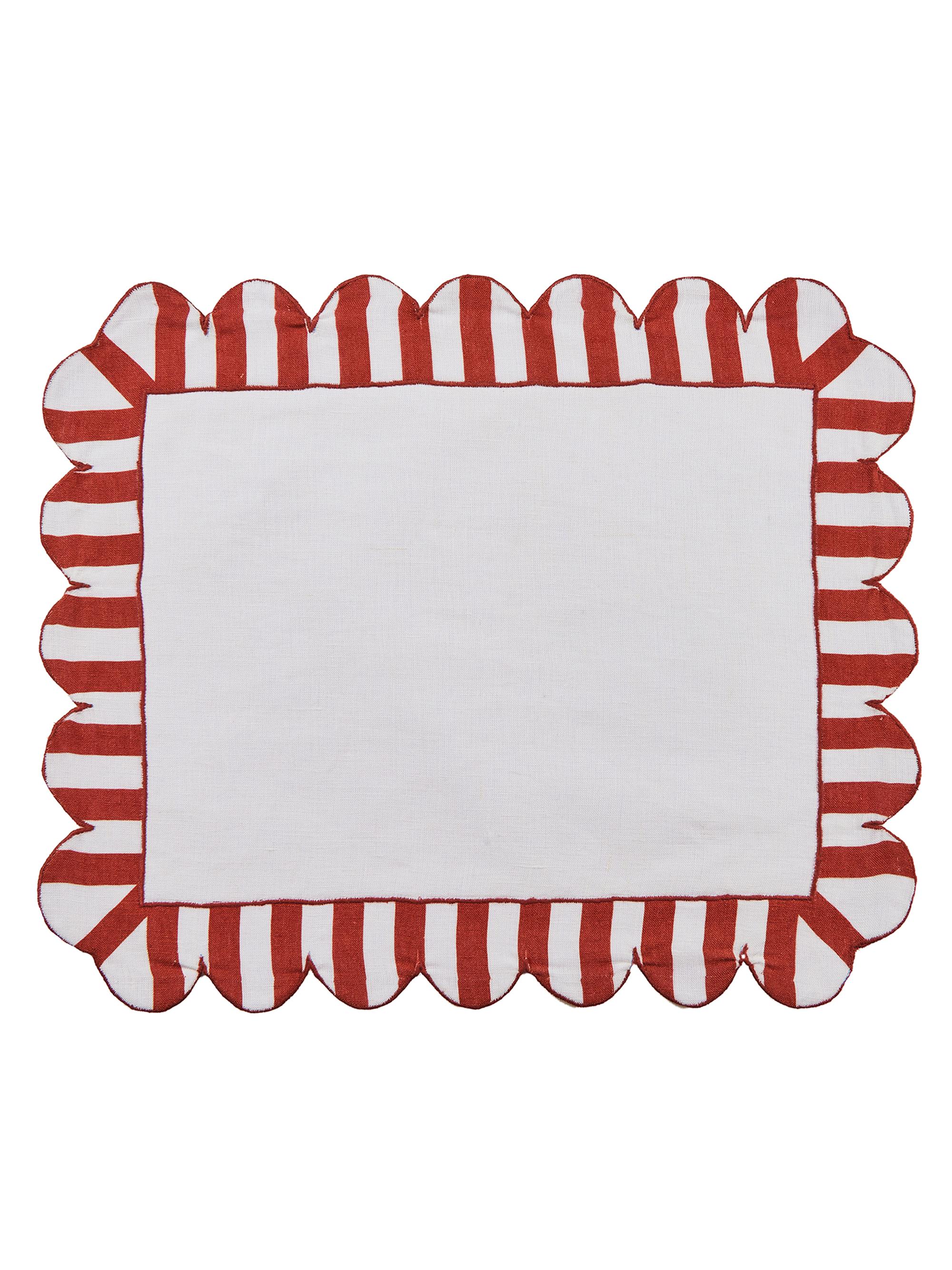 Misette Jardin 4-Piece Embroidered Linen Scalloped Stripe Placemat Set - Red