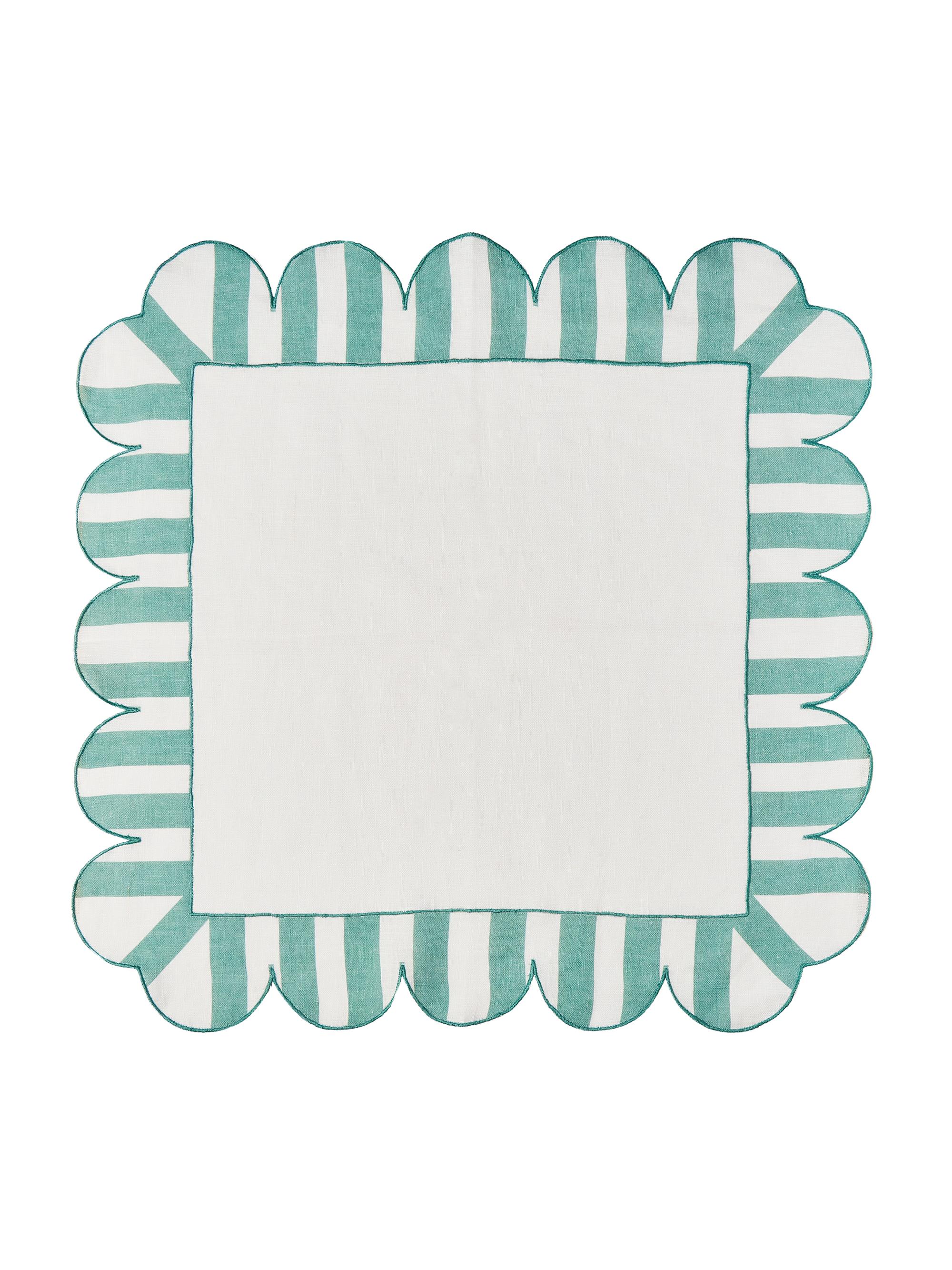 Misette Jardin 4-Piece Embroidered Linen Scalloped Stripe Napkin Set - Green
