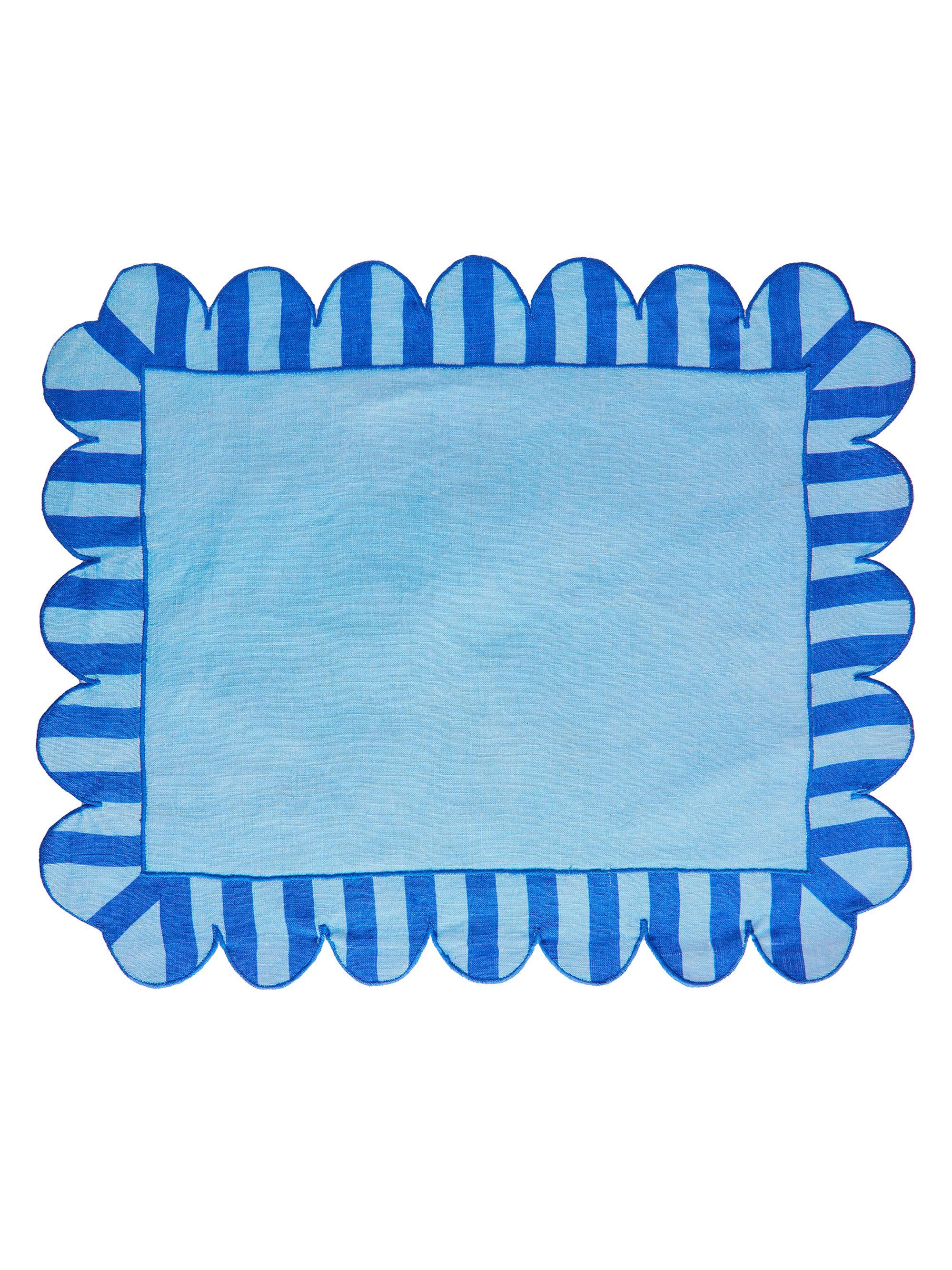 Misette Jardin 4-Piece Embroidered Linen Scalloped Stripe Placemat Set - Blue