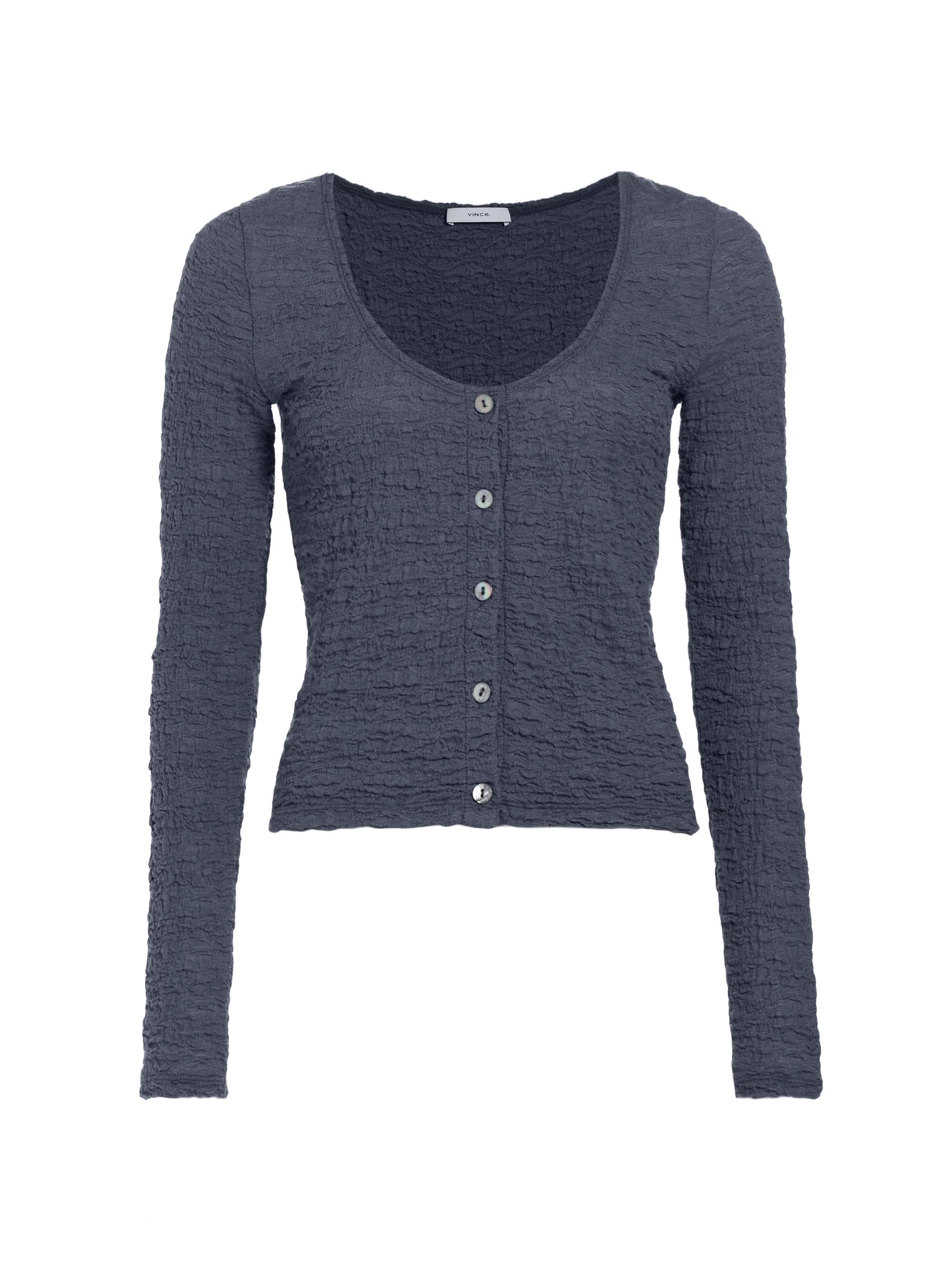 Vince Women's Smocked Cotton-Blend Button-Up Top - Dark Sea Steel