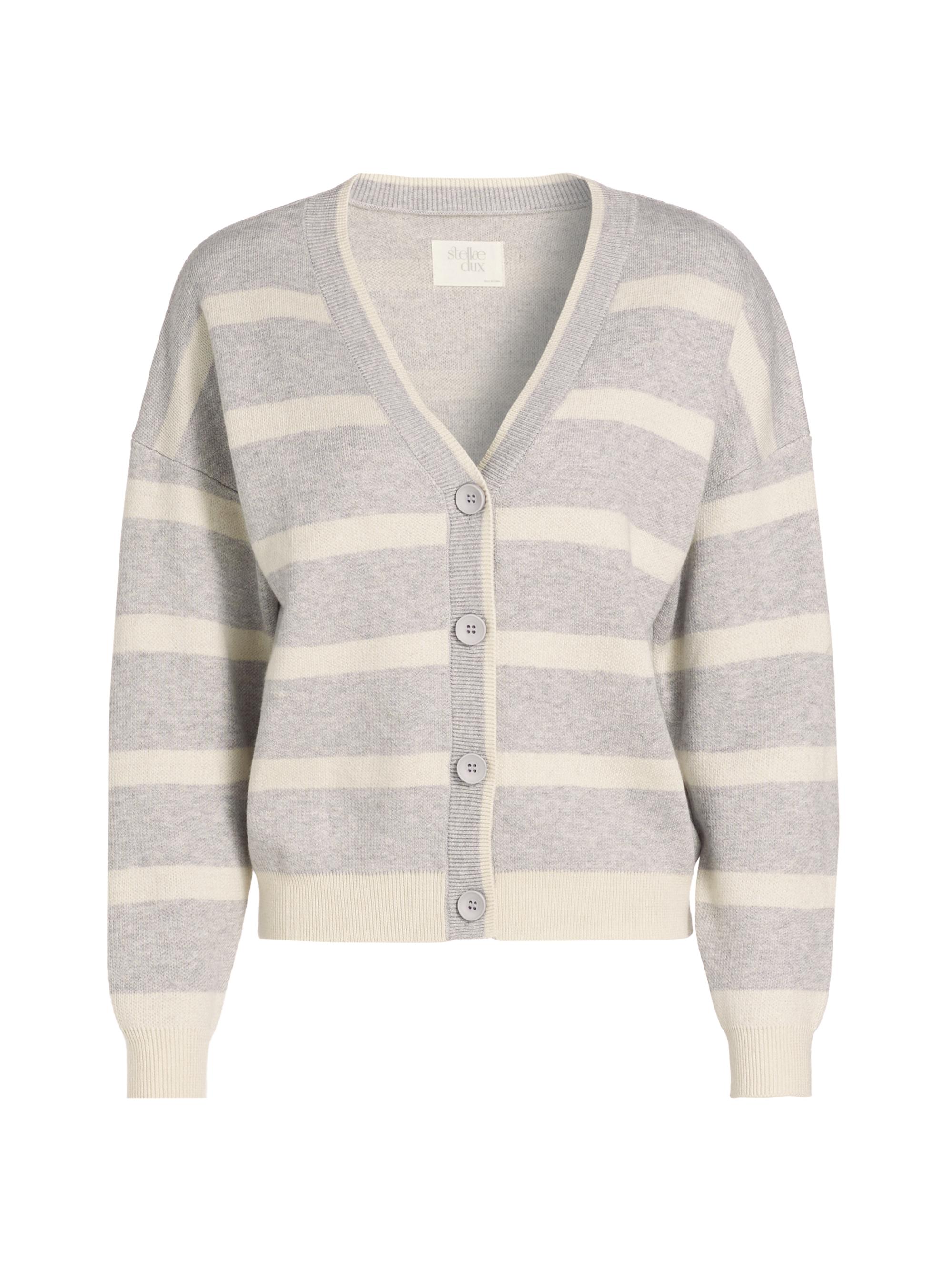 Stellae Dux Women's Striped Knit Boxy Cardigan - Grey Linen
