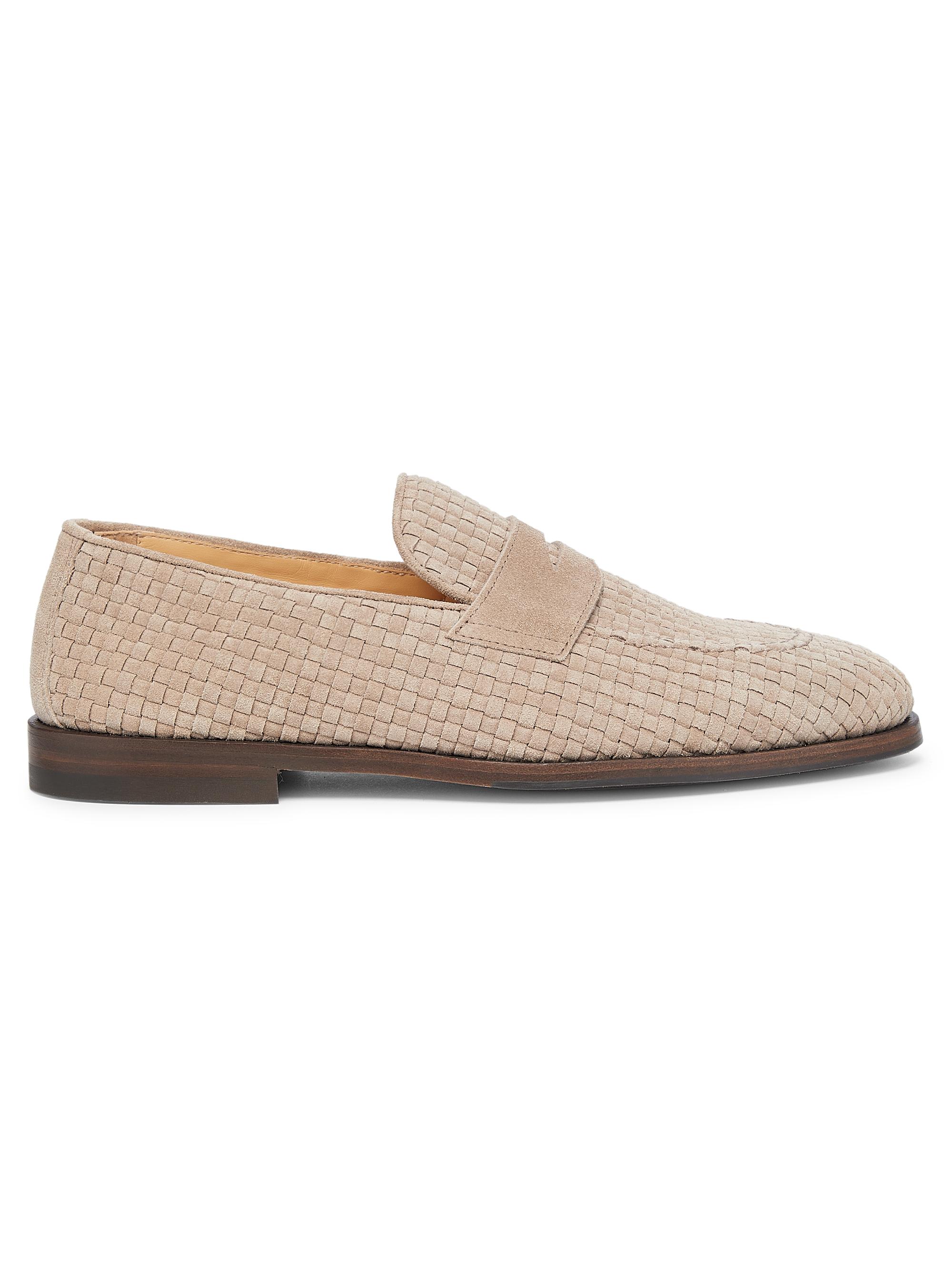 Brunello Cucinelli Men's Woven Suede Penny Loafers - Beige