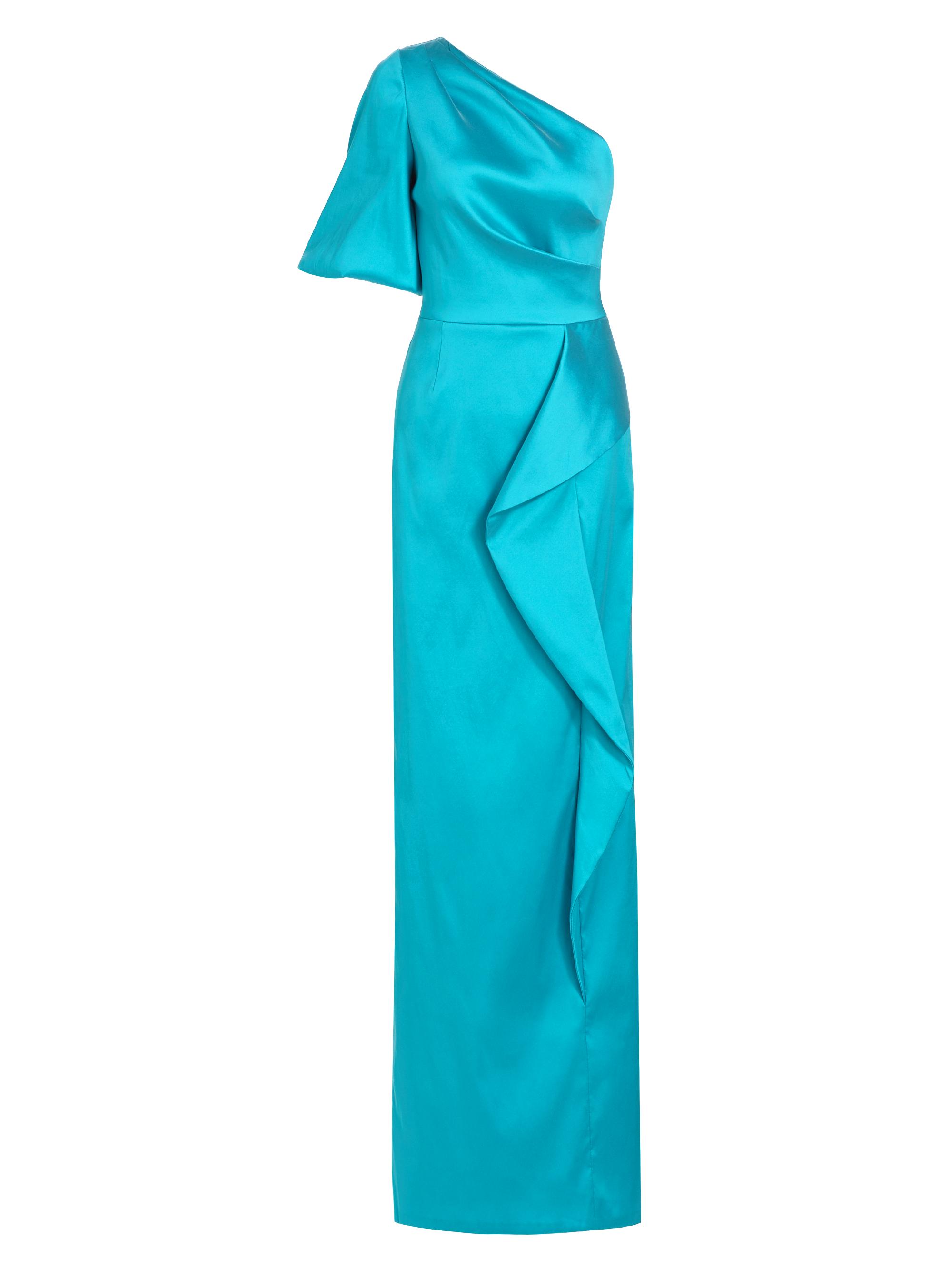 Teri Jon by Rickie Freeman Women's Satin Asymmetric Ruffle Column Gown - Turquoise