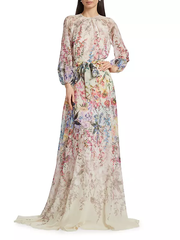 Chiffon Floral Tie-Waist Gown