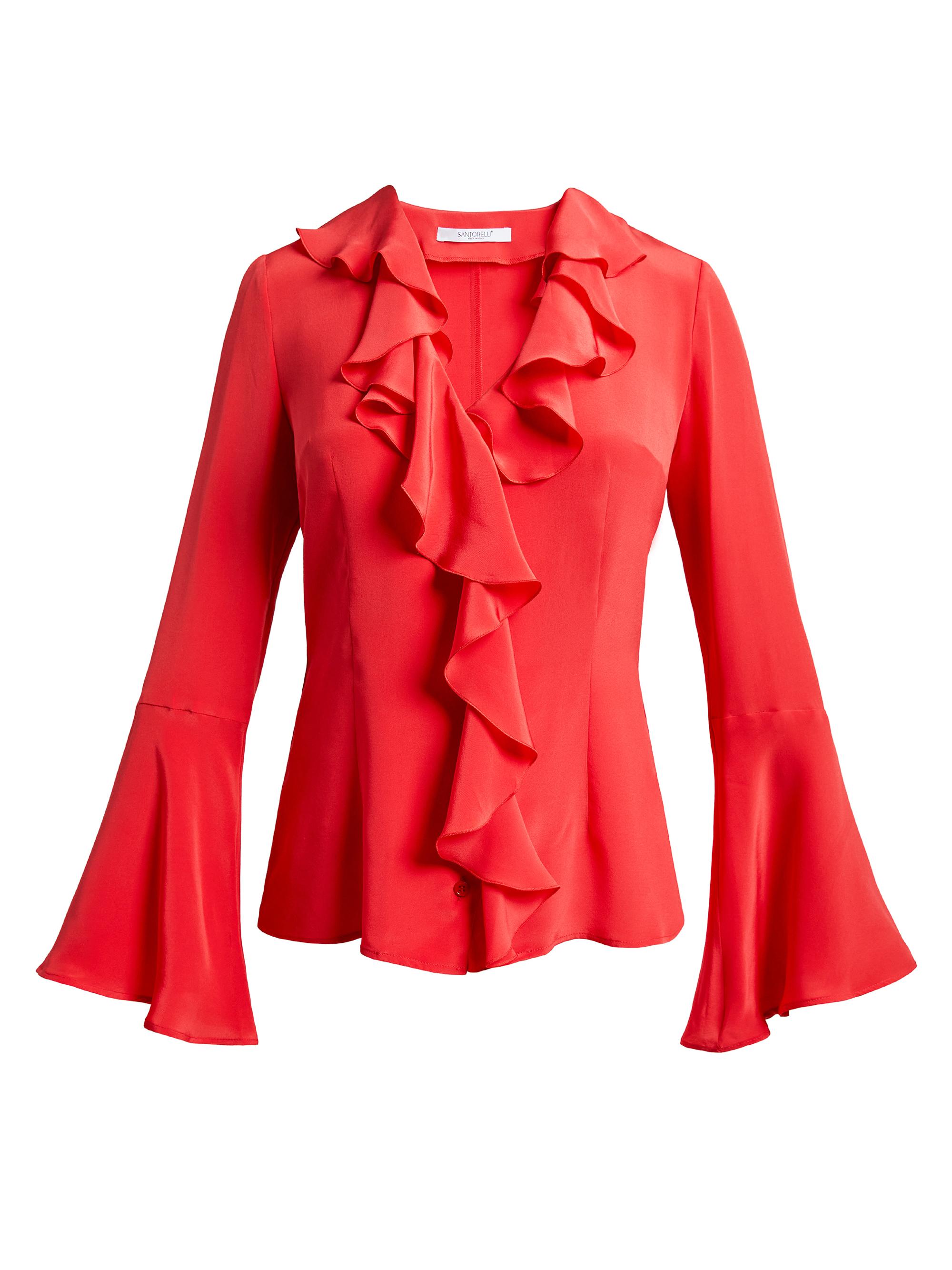 Santorelli Women's Sidney Silk Ruffled V-Neck Blouse - Vermilion