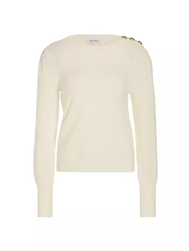 Nelia Button-Accented Cashmere Crewneck Sweater