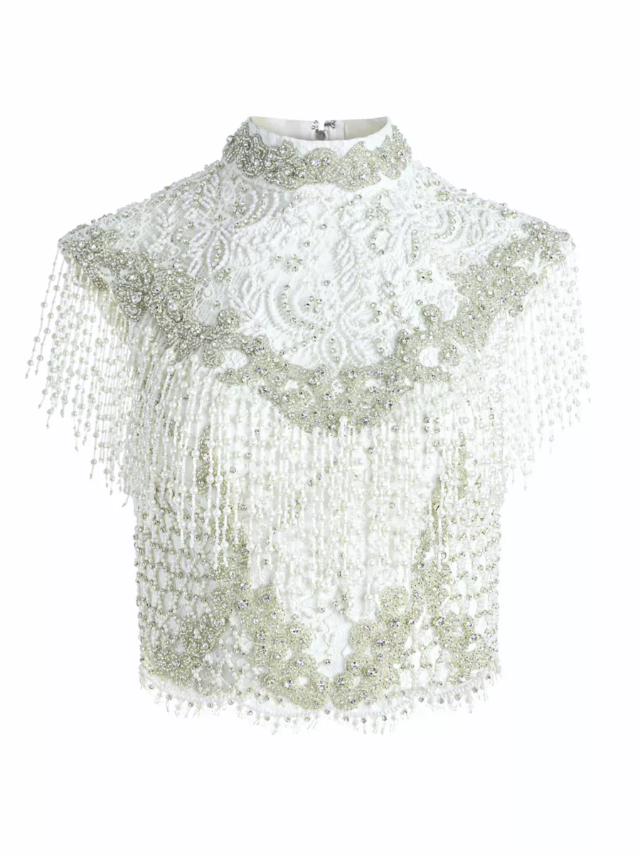Shop Alice + Olivia Pria Beaded Fringe Lace Top | Saks Fifth Shop Alice + Olivia Pria Beaded Fringe Lace Top | Saks Fifth