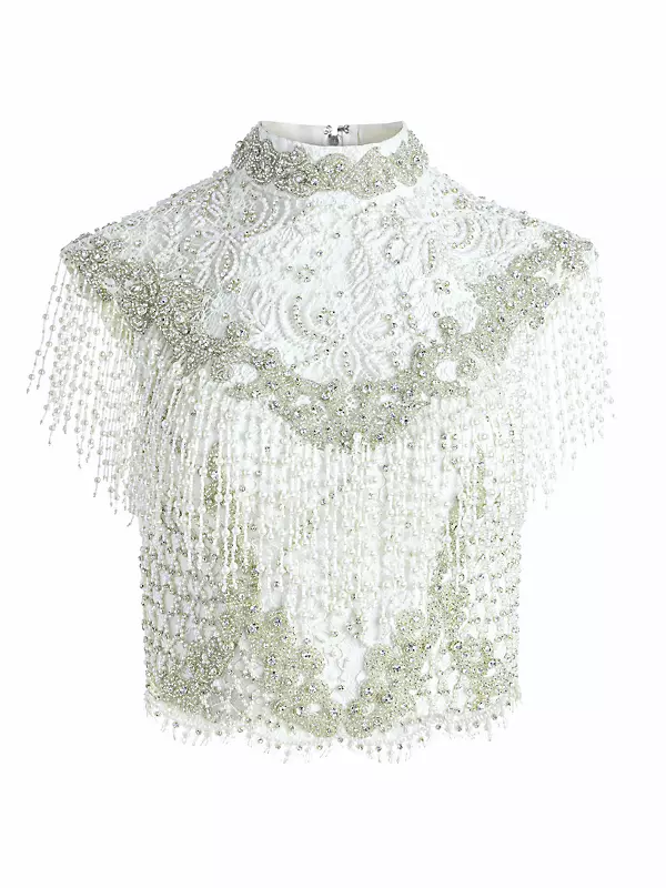 Shop Alice + Olivia Pria Beaded Fringe Lace Top | Saks Fifth Avenue