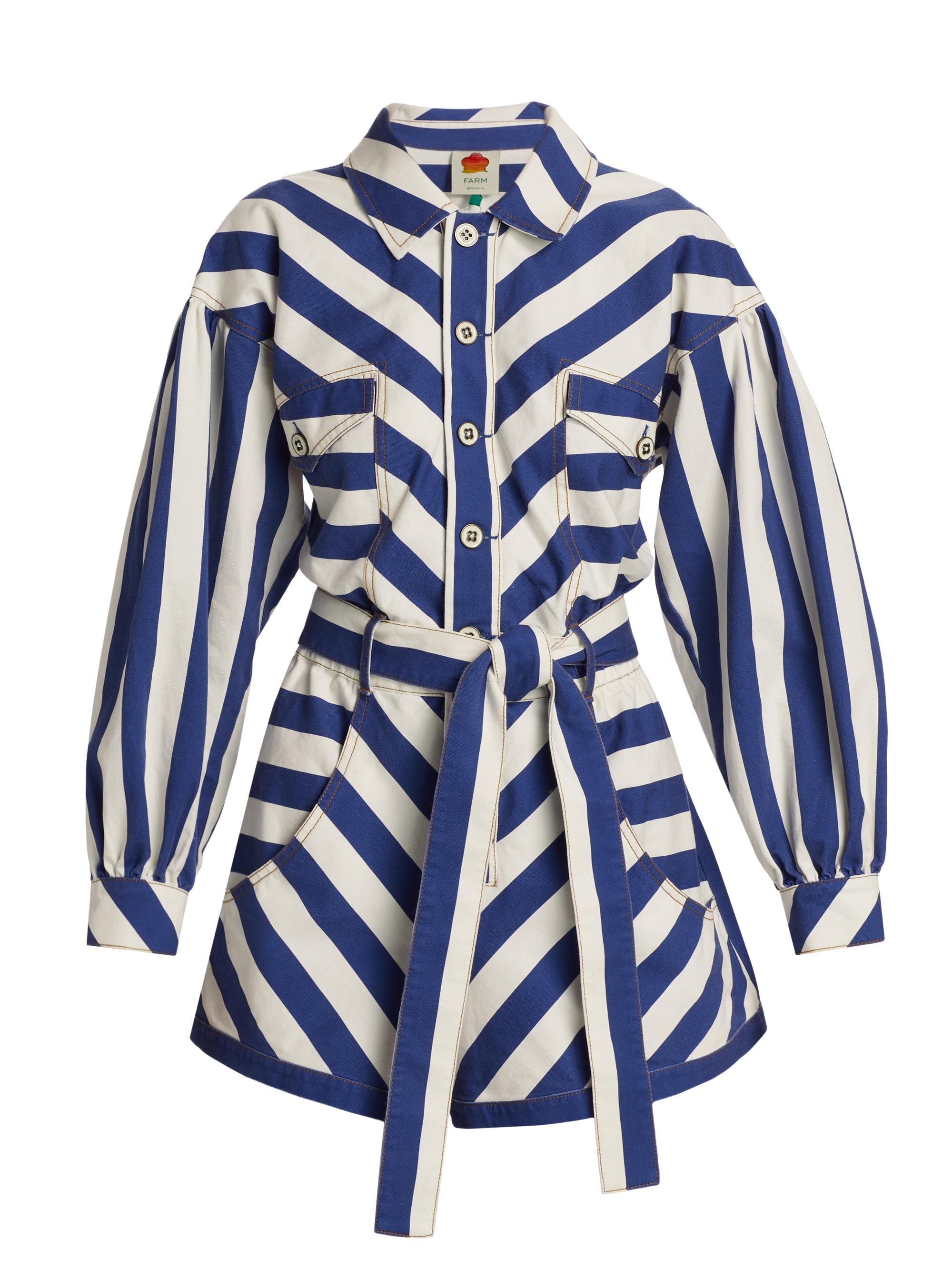 Farm Rio Women's Striped Belted Romper - Blue And White