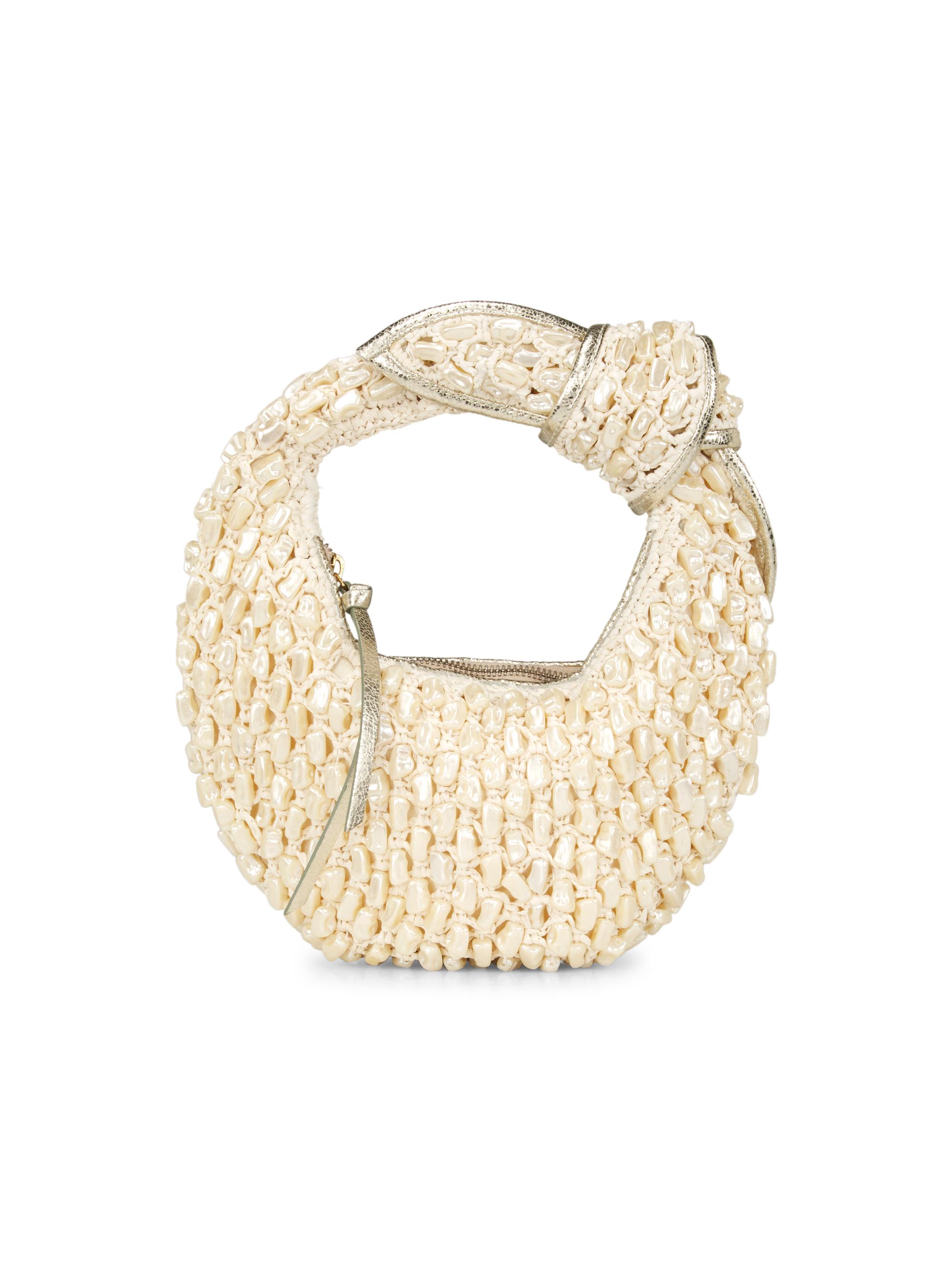 Poolside Women's Artisanal Raffia & Imitation Pearl Top Handle Bag - Pearl