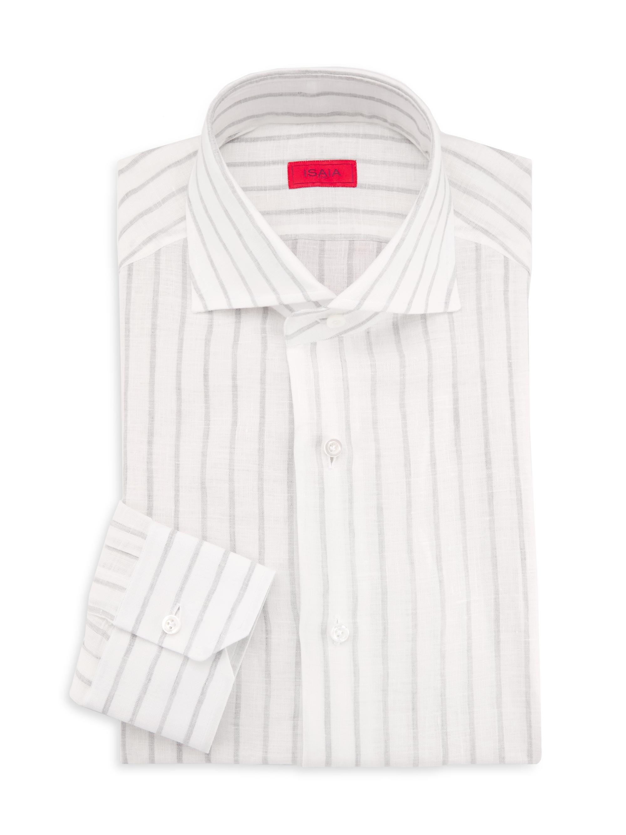 Isaia Men's Superlino Stripe Linen Shirt - Grey Stripe