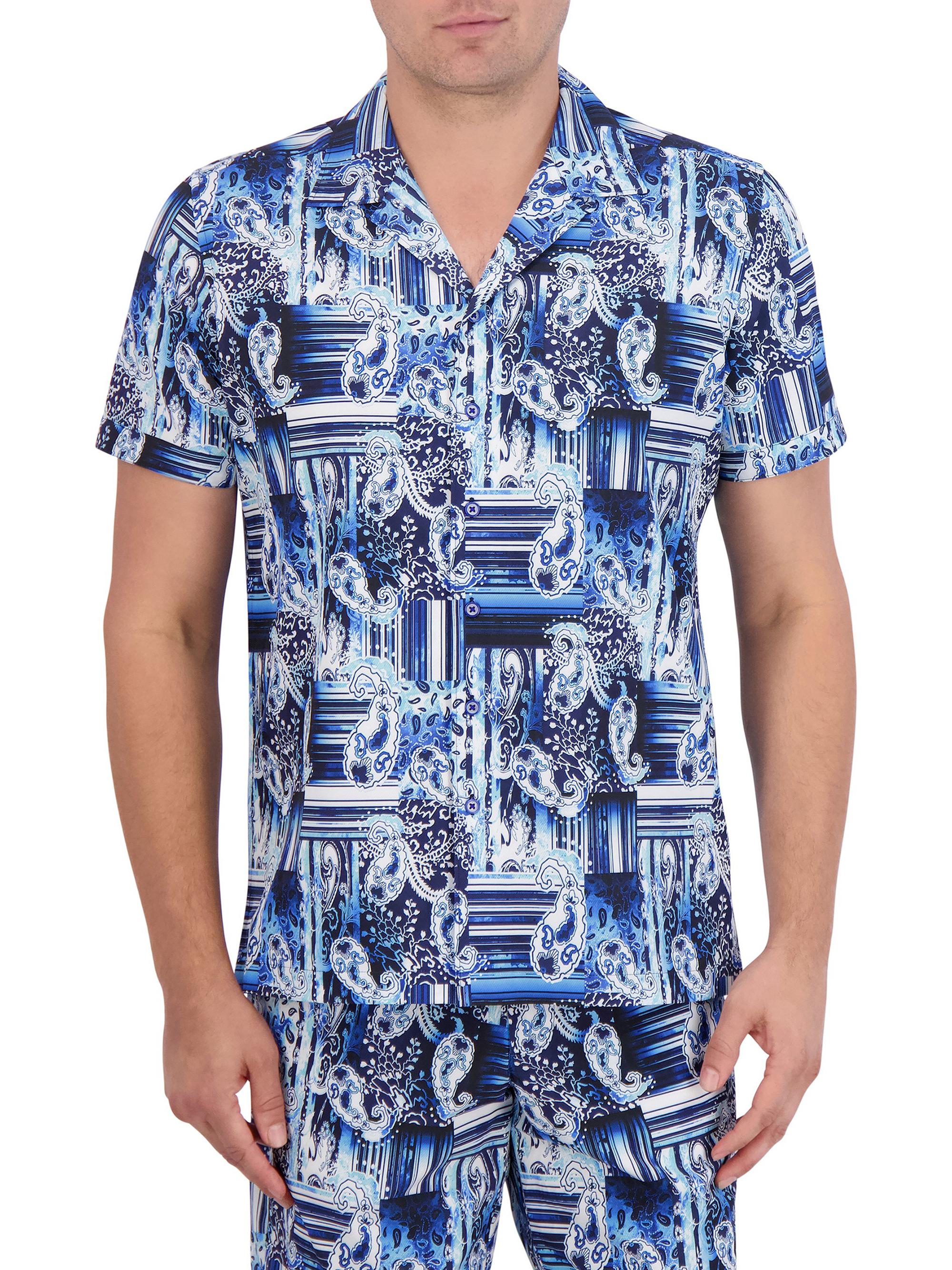 Robert Graham Men's Makua Striped Paisley Camp Shirt - Navy