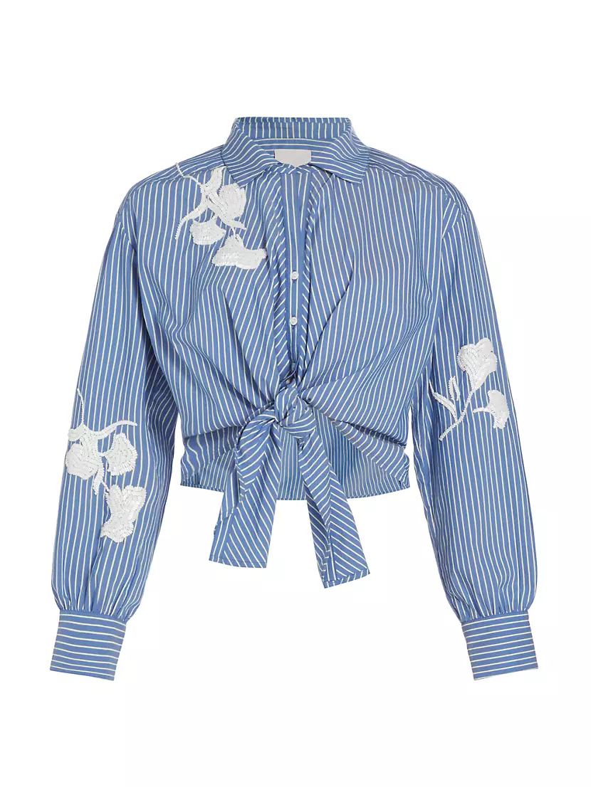 Shop Cinq à Sept Marianna Stripe Embroidered Tie Blouse | Saks 
