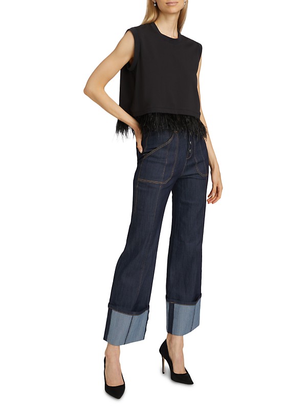Shop Cinq à Sept Feather-Trimmed Stretch-Cotton Crop T-Shirt Shop Cinq à Sept Feather-Trimmed Stretch-Cotton Crop T-Shirt