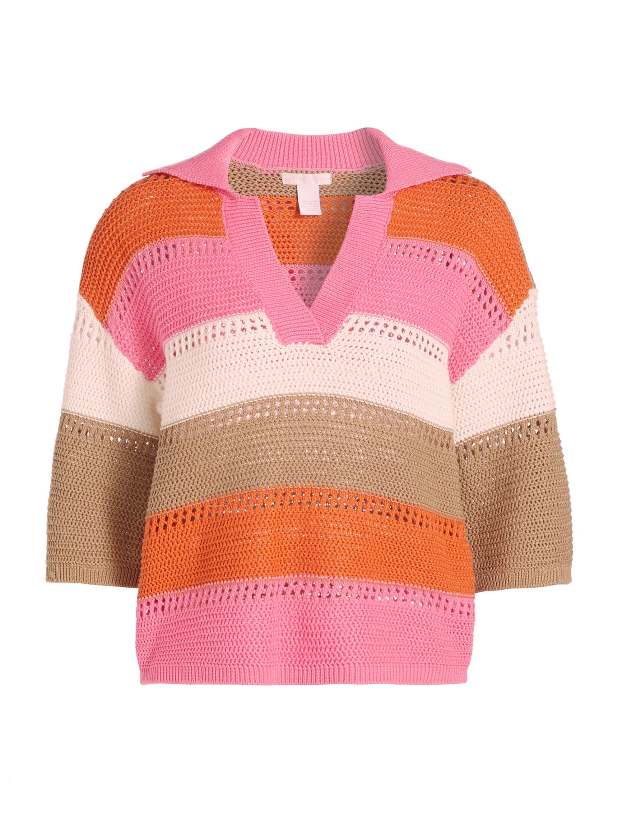 Design History Women's Striped Crochet Polo Sweater - Pink Crush Combo