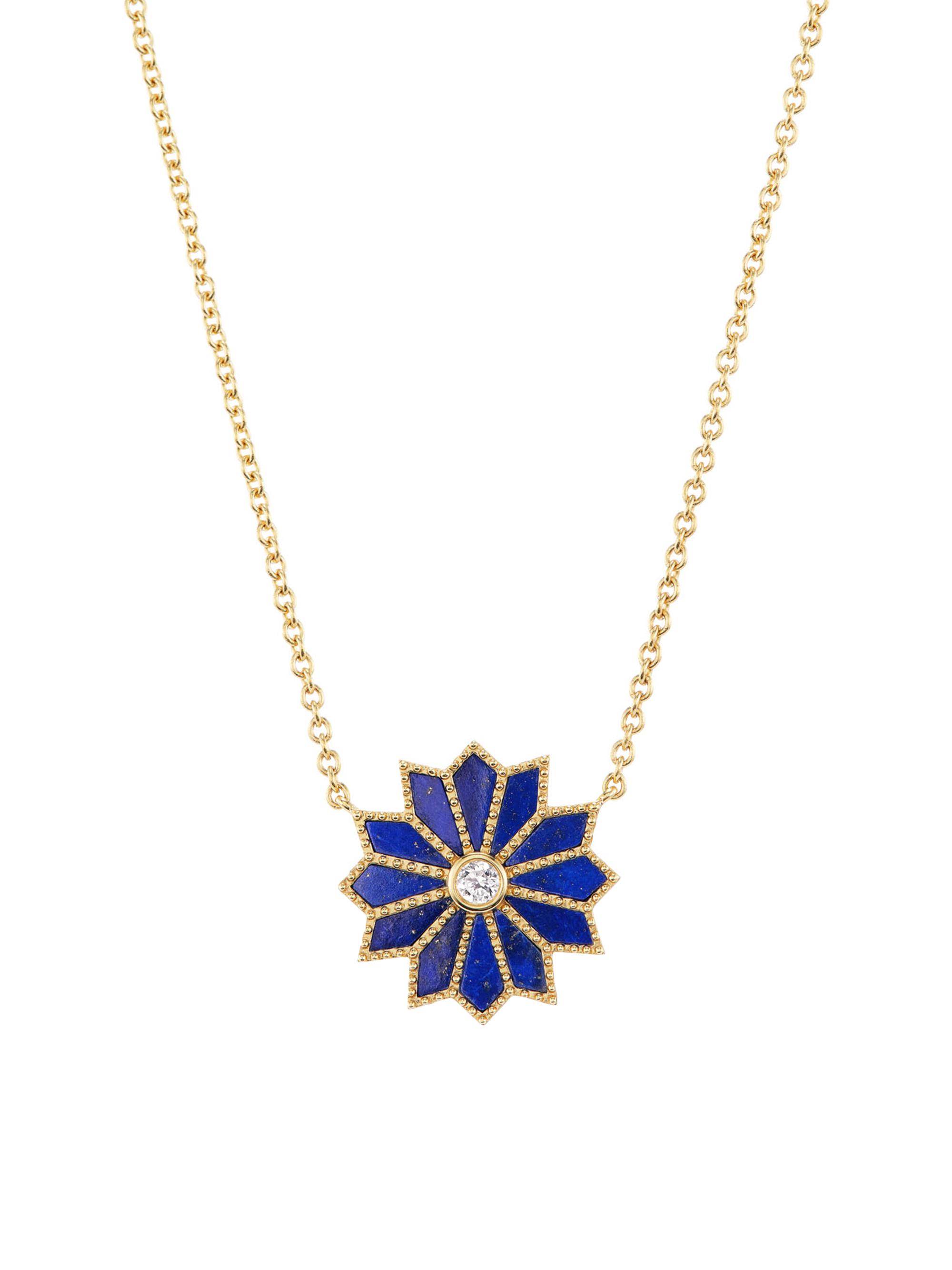Orly Marcel Women's Mini Sacred Flower Inlay 18K Yellow Gold, Malachite & 0.974 TCW Diamond Pendant Necklace - Lapis