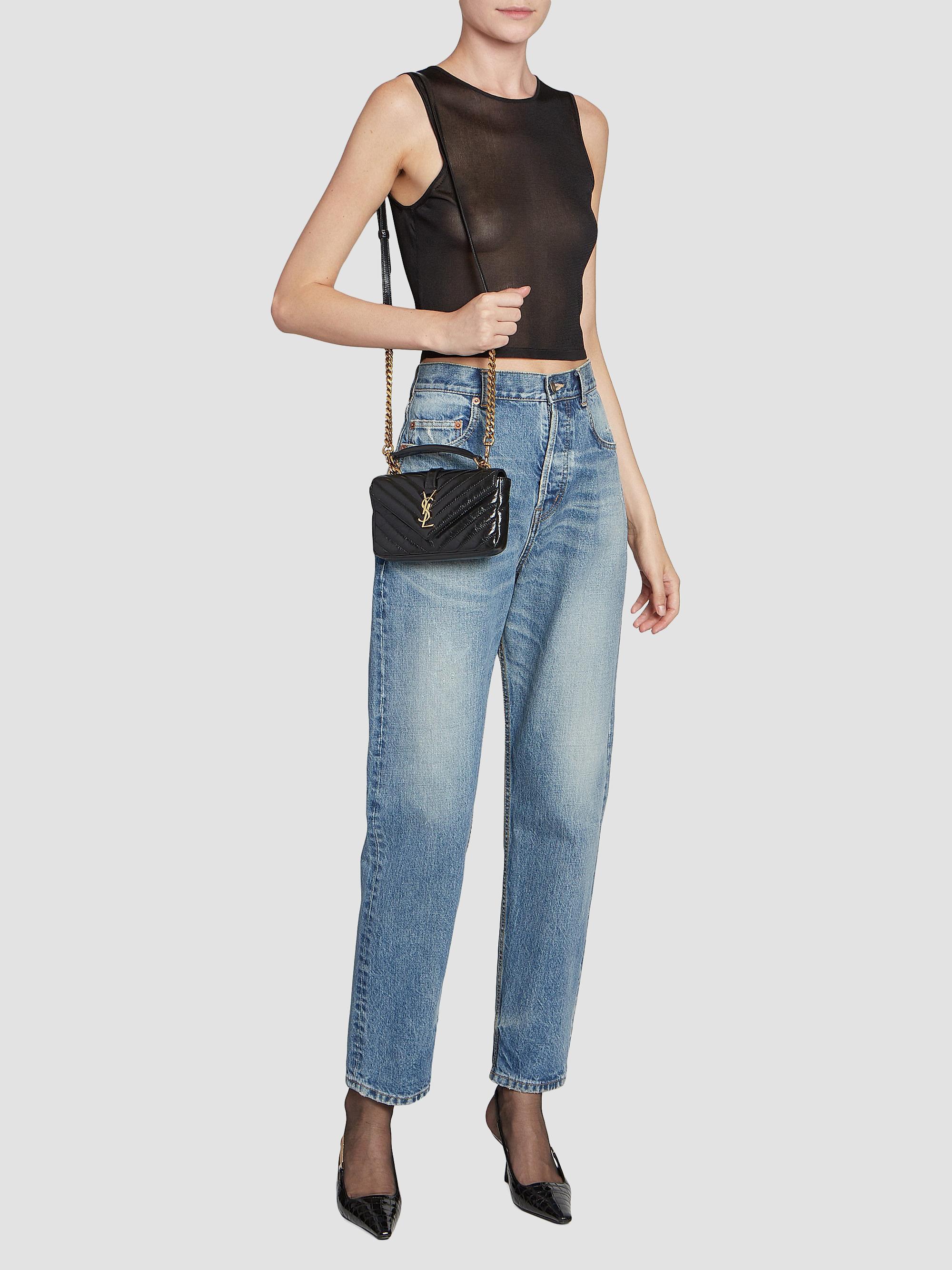 Saint Laurent Mini College Chain Bag in Shiny Crackled Leather