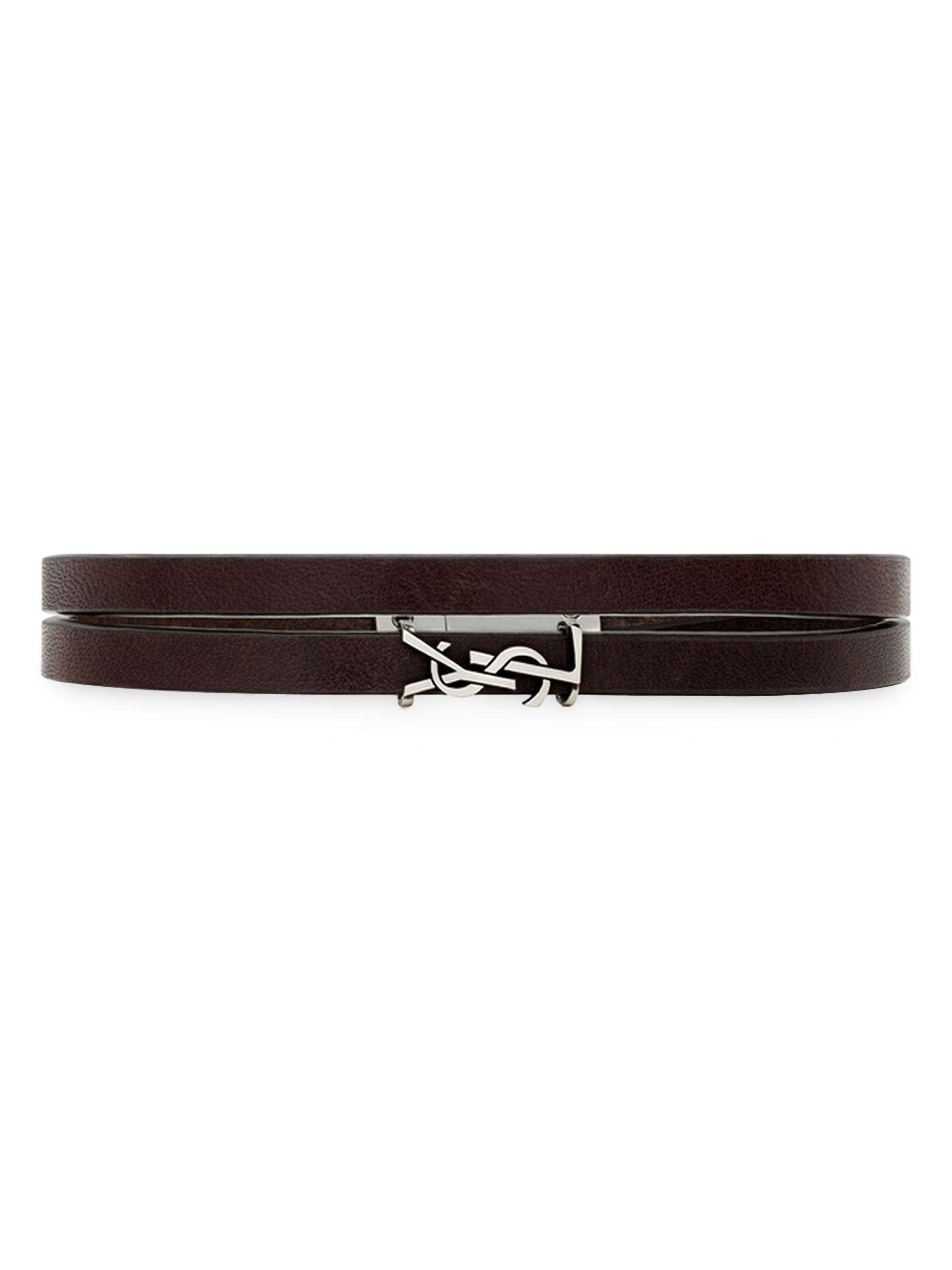 Saint Laurent Men's Cassandre Double-Wrap Bracelet in Leather - Brown And Oxidized Silver