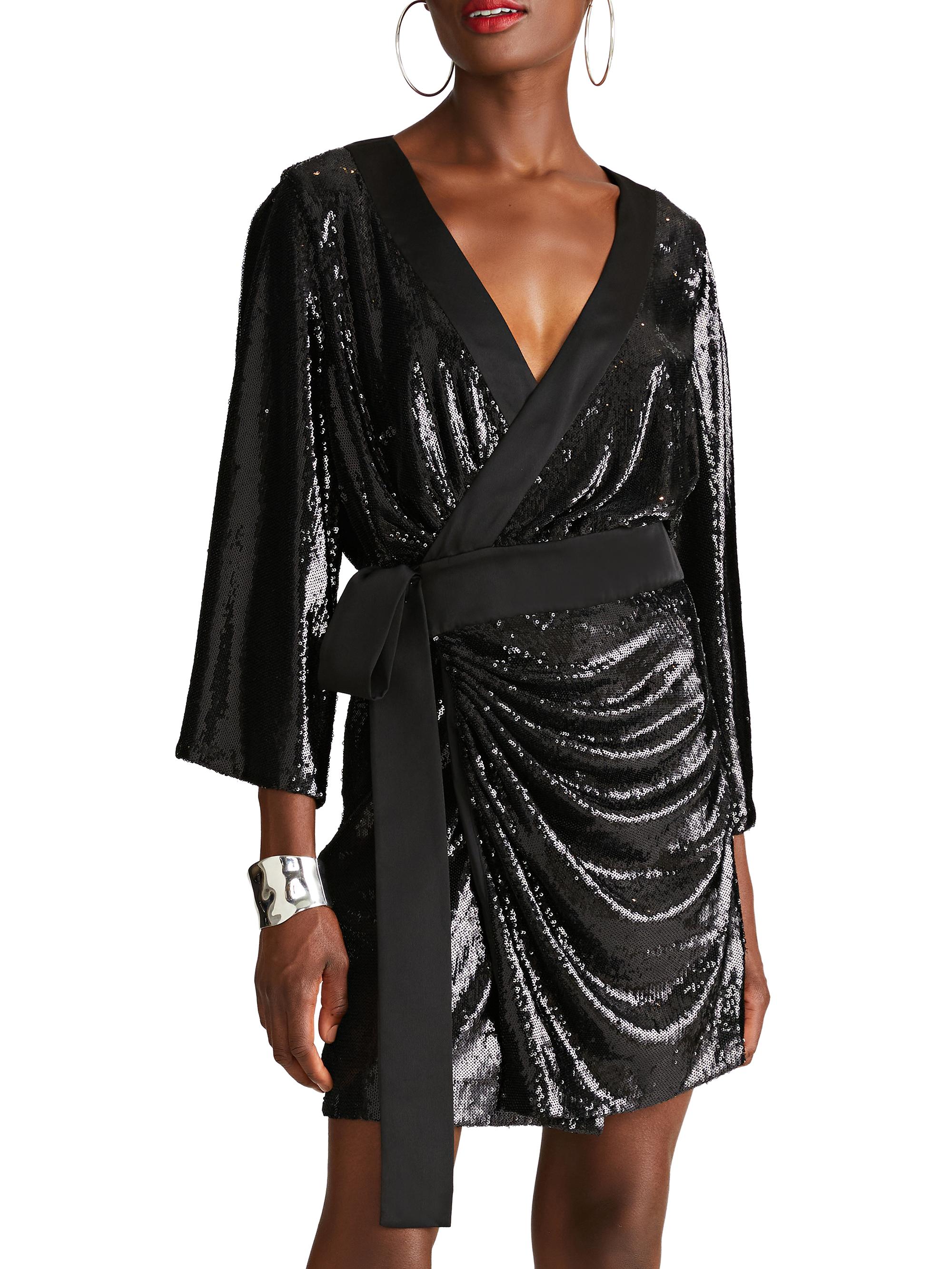 knee length dresses for ladies Carmina | Silver Sequin Plunge-Neck Wrap Mini Dress with Sash Detail main image 1