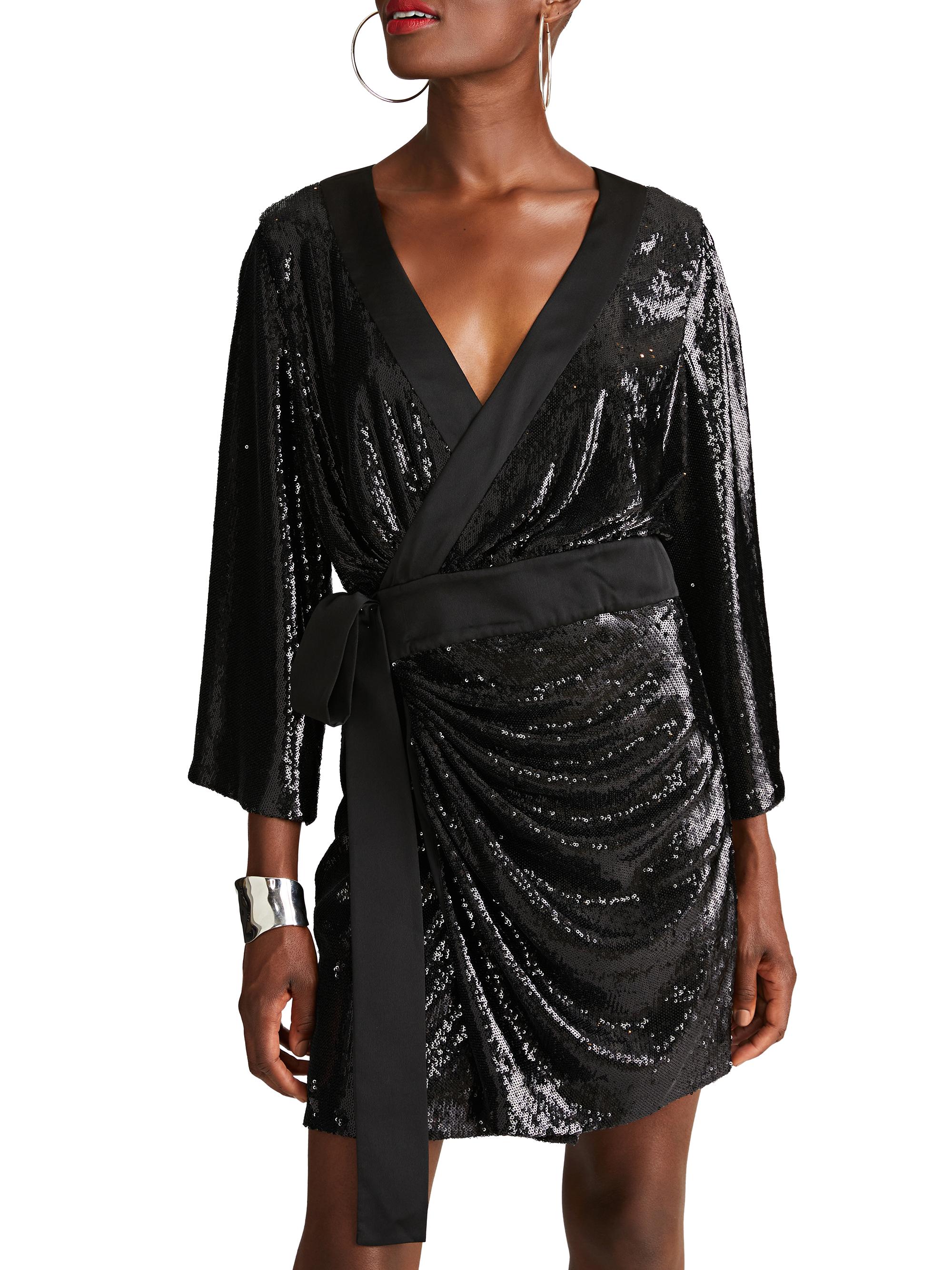 open lace back dress Final Sale Plus Size Long Sleeve Faux Wrap Evening Gown in Confetti Dot Knit Sequin in Black main image 1