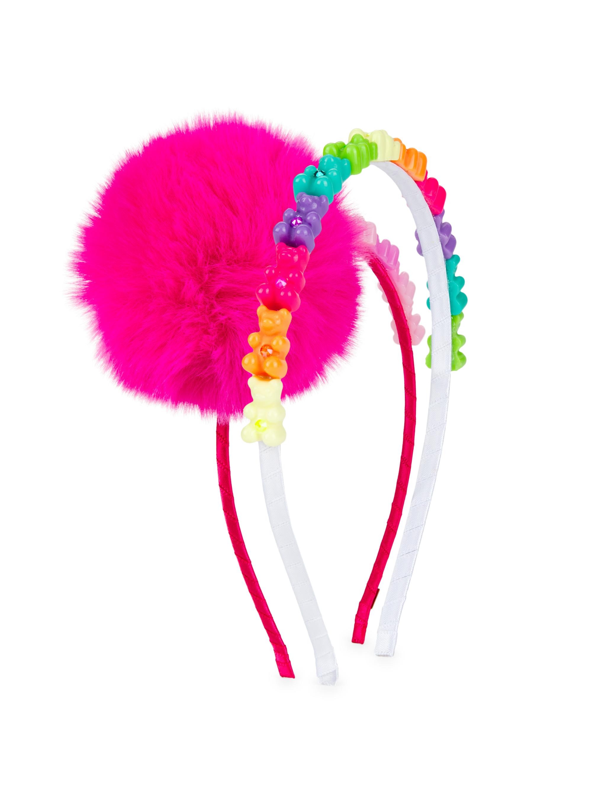 Bari Lynn Girl's Faux Fur Pom Pom & Gummy Bear Embellished Headband Set