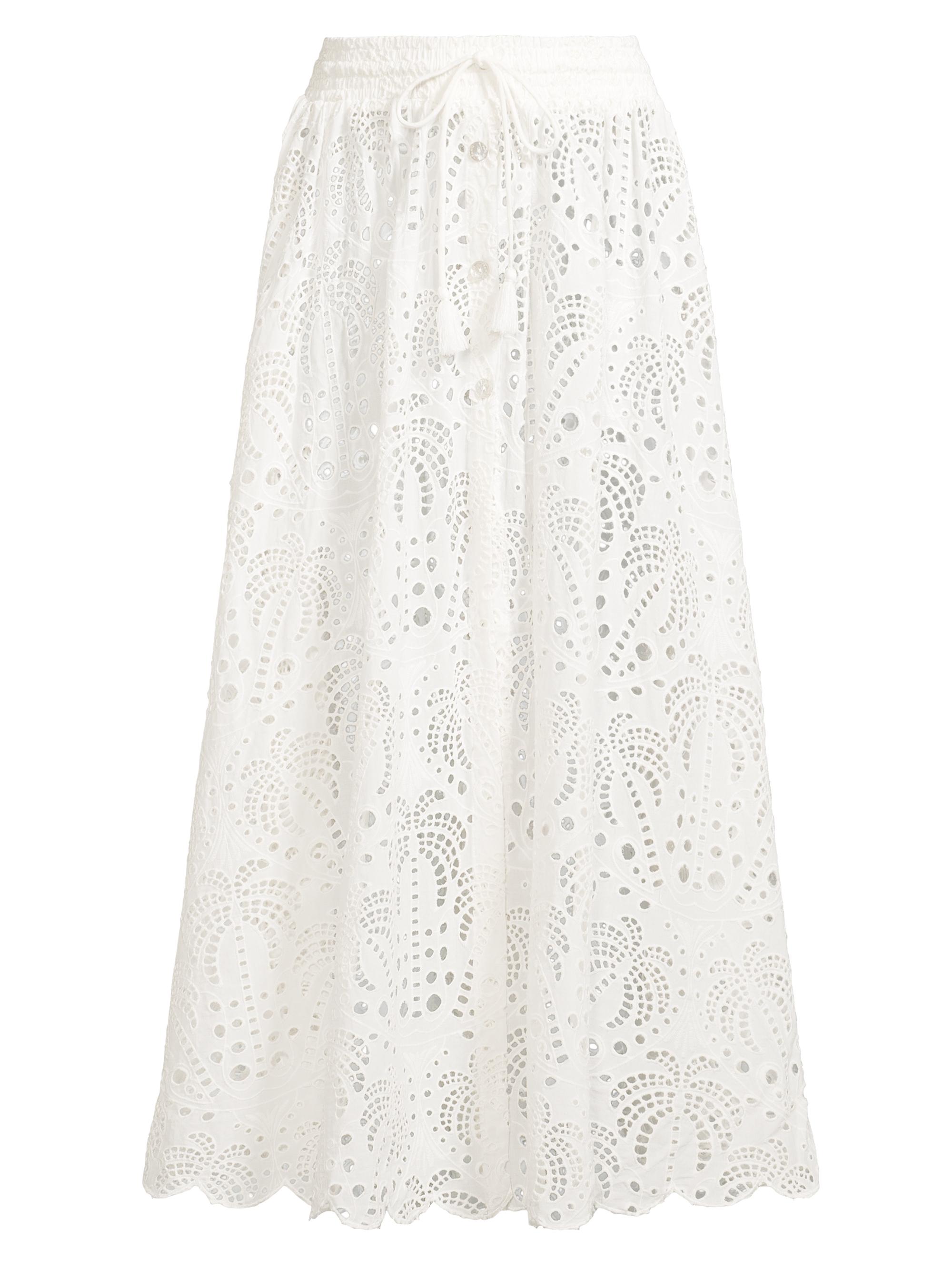 Farm Rio Women's Laise Eyelet Cotton Midi-Skirt - White