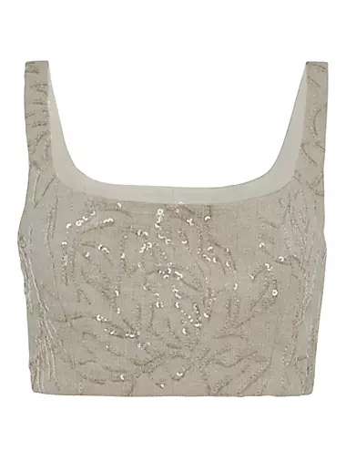 Linen Canvas Cropped Top with Dazzling Flower Embroidery