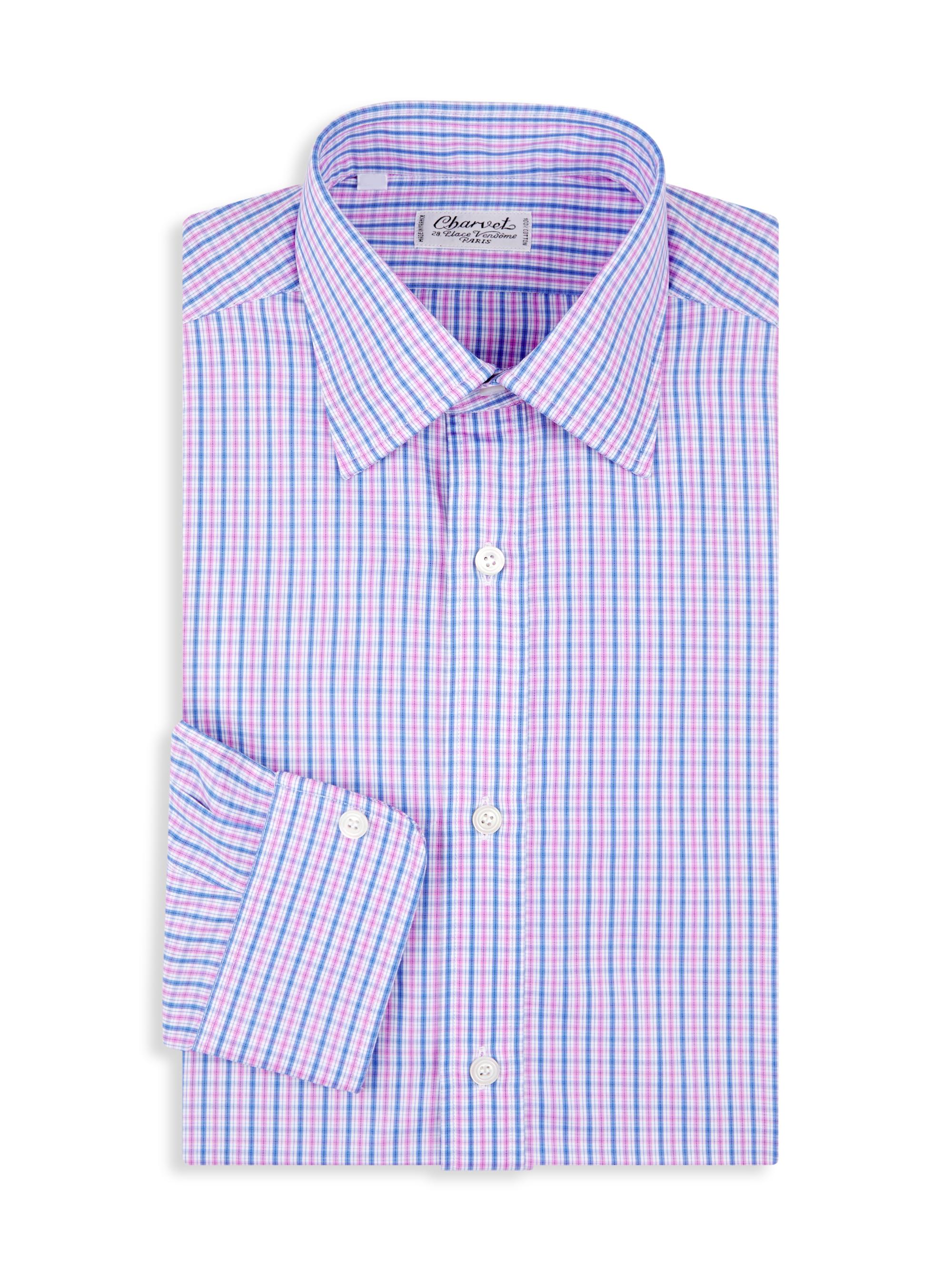 Charvet Men's Plaid Cotton Chambray Dress Shirt - Pink