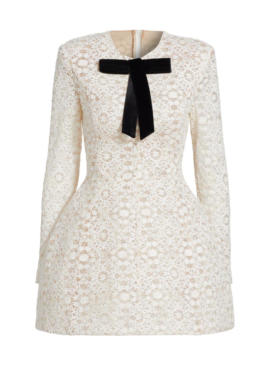 white lace dress with black bow Bronx Banco Courtney Blanc Minidress white wedding dress with black accents