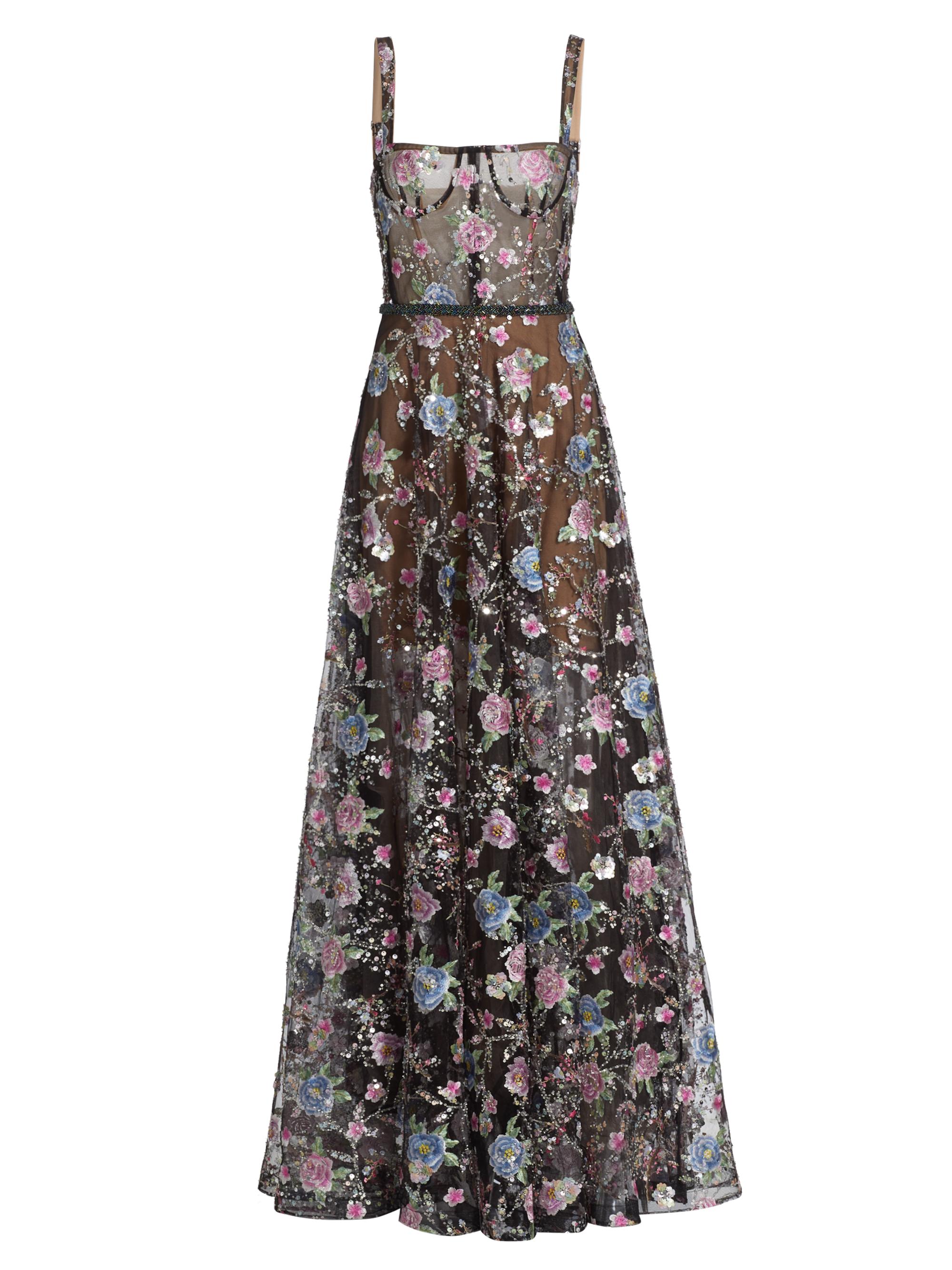 Bronx and Banco Women's Midnight Floral Embroidered A-Line Gown - Pink Multi