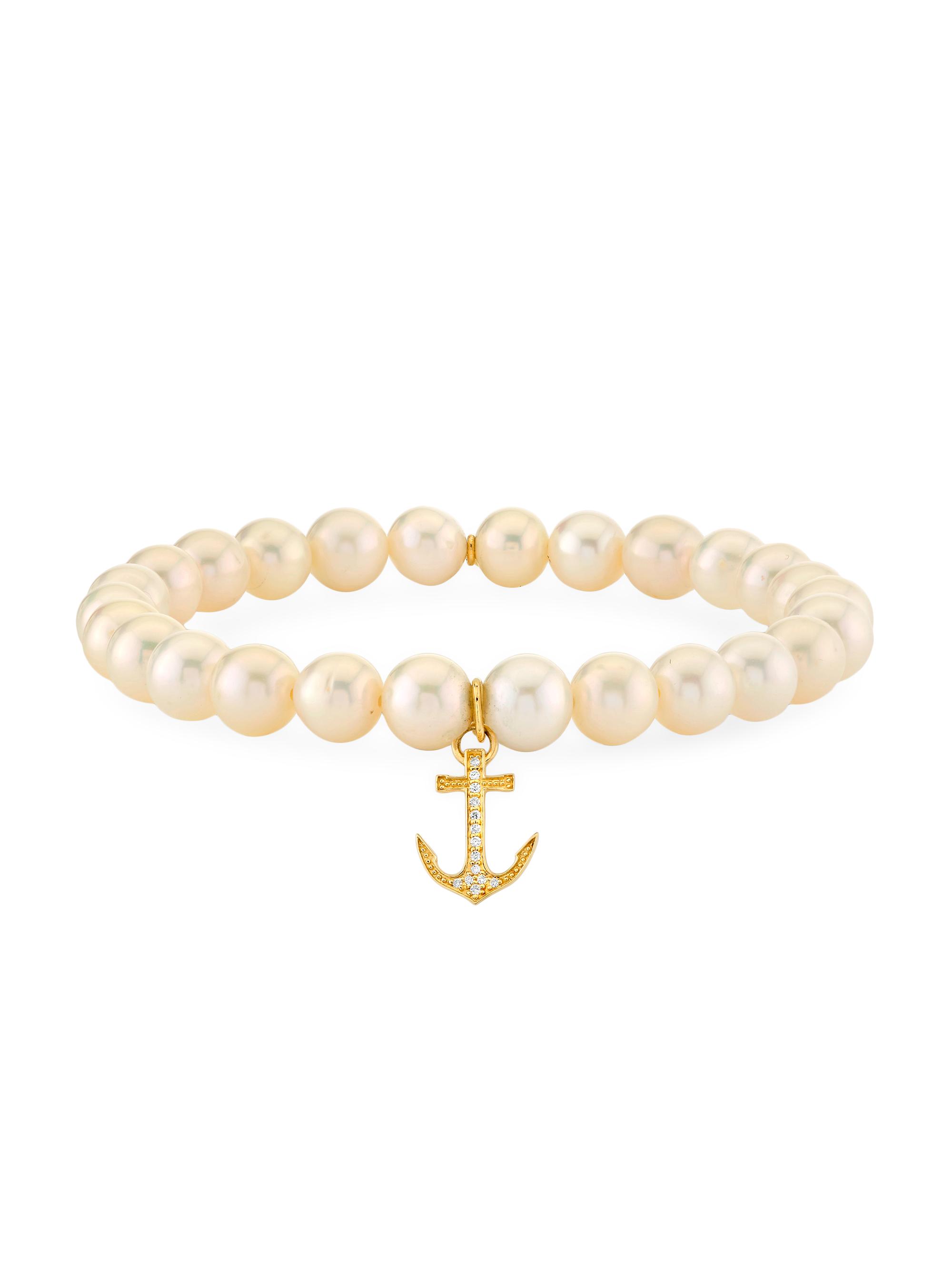 Sydney Evan Women's Overboard 14K Yellow Gold, Freshwater Pearl & 0.06 TCW Diamond Stretch Bracelet - Fresh Water Pearl