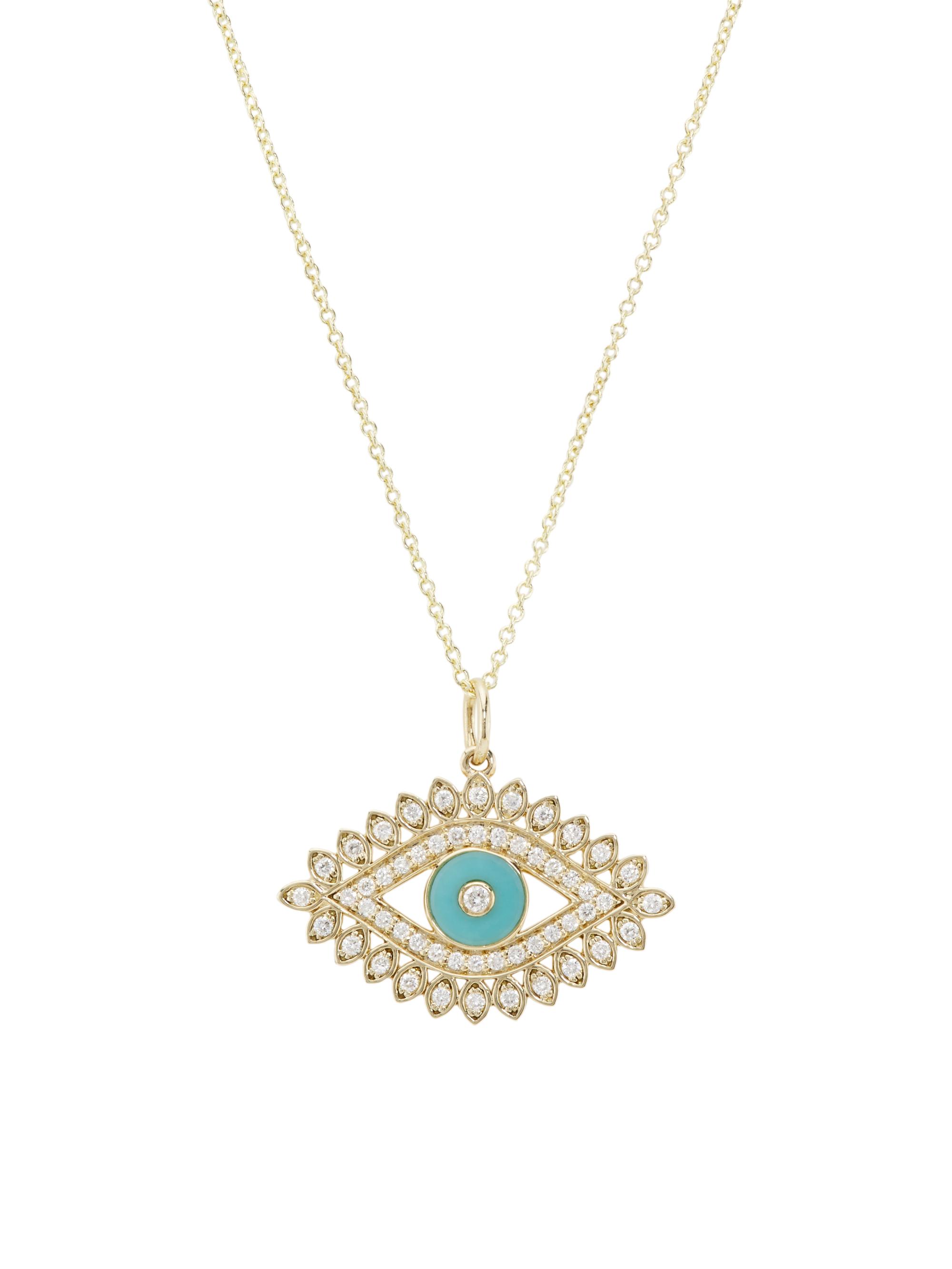 Sydney Evan Women's Overboard 14K Yellow Gold, Turquoise & 0.23 TCW Diamond Evil Eye Pendant Necklace - Yellow Gold