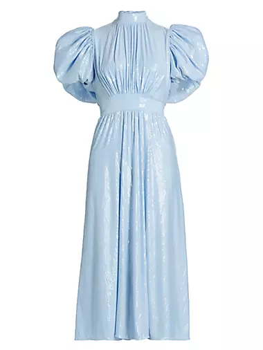 Sequined Puff-Sleeve Midi-Dress