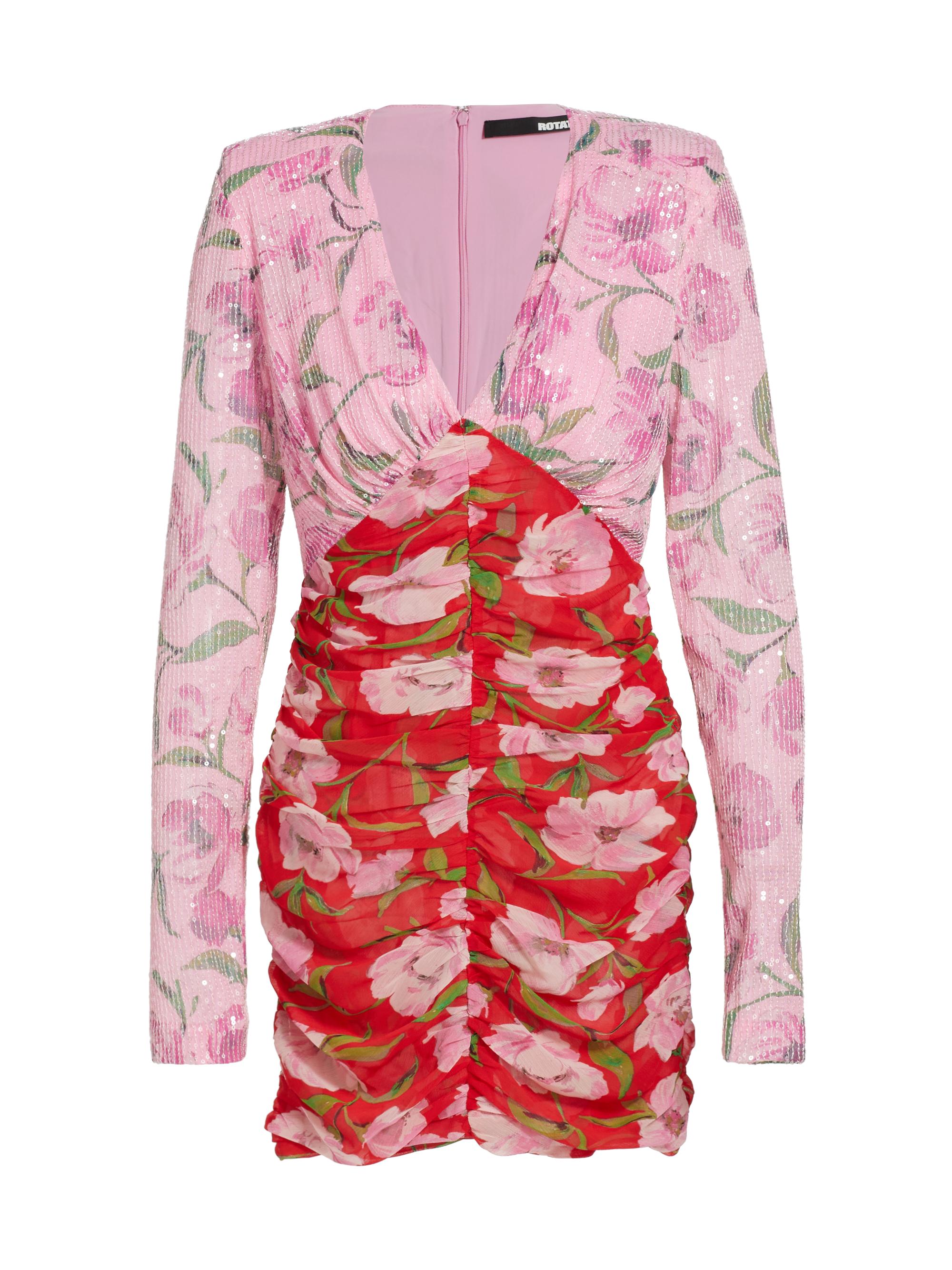 Rotate Birger Christensen Women's Sequined Floral Two-Tone Ruched Minidress - Wildeve Prism Pink Combo