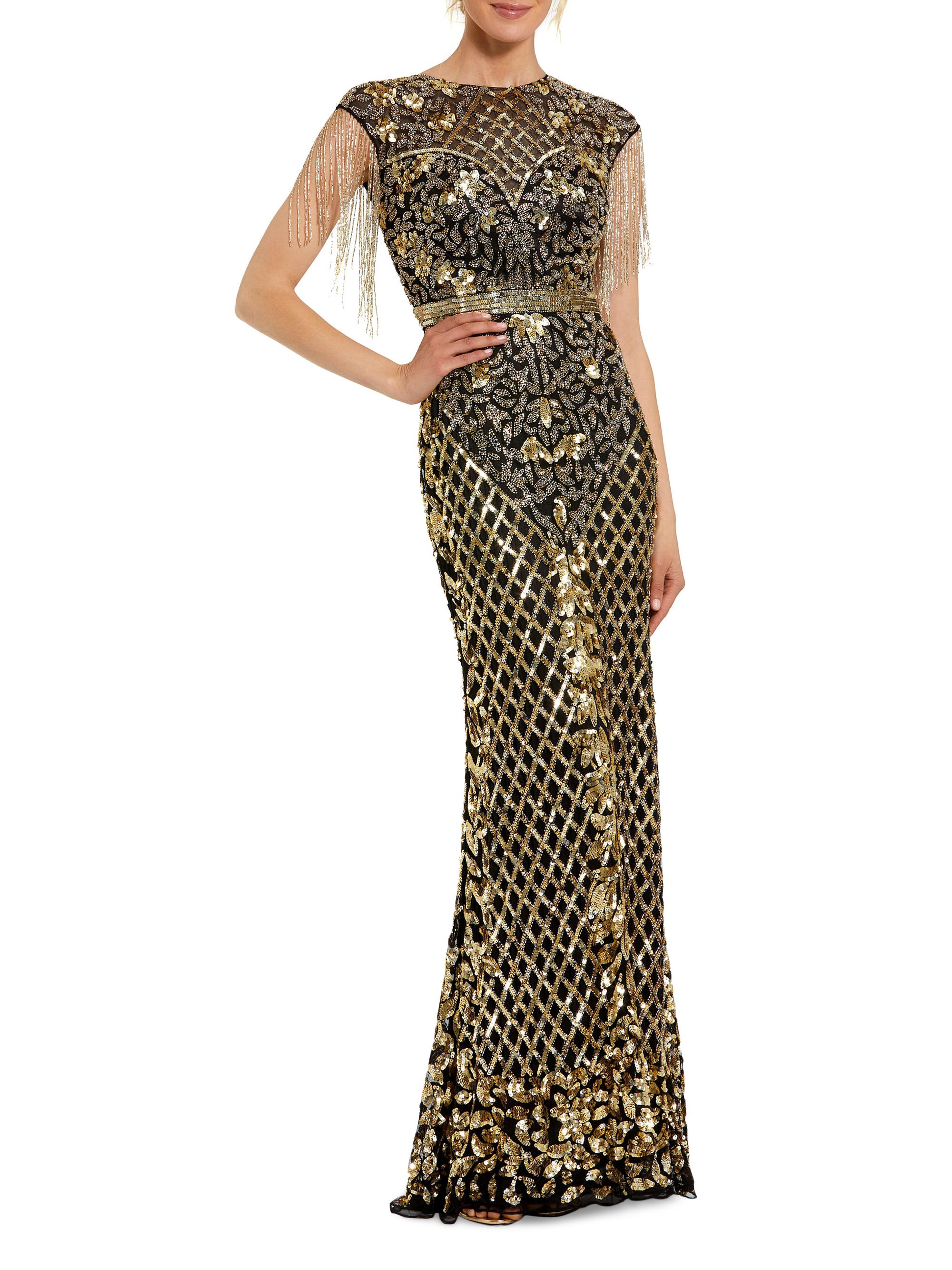 Mac Duggal Women's Beaded Fringe Gown - Black Gold