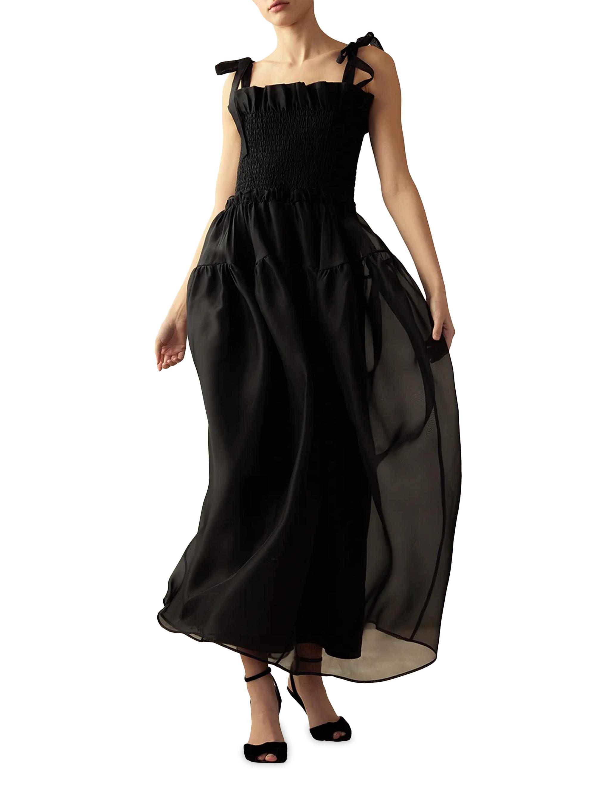 Cynthia Rowley Women's Smocked Tie-Shoulder Organza Maxi Dress - Black