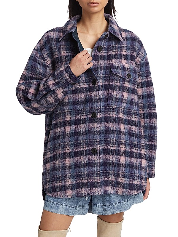 Shop Isabel Marant Étoile Harveli Wool-Blend Plaid Shacket Shop Isabel Marant Étoile Harveli Wool-Blend Plaid Shacket