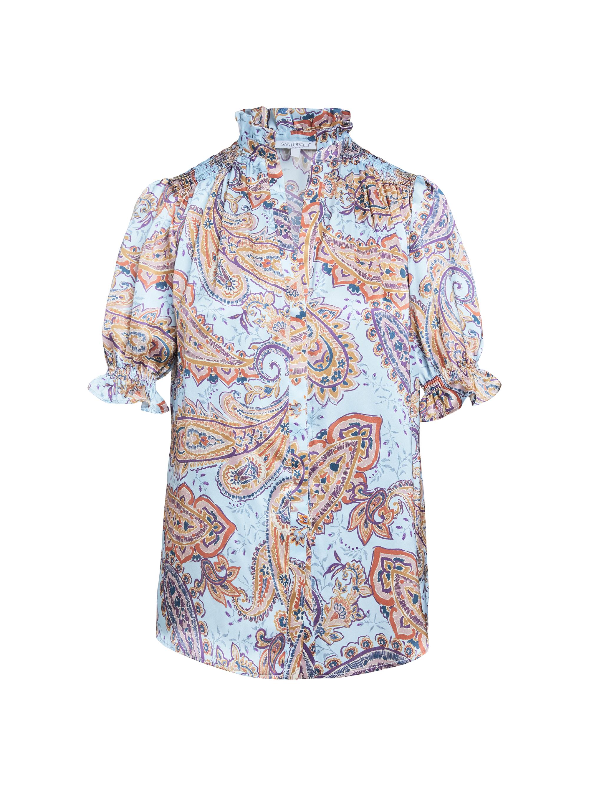 Santorelli Women's Ruffled Printed Silk Blouse - Sky Blue