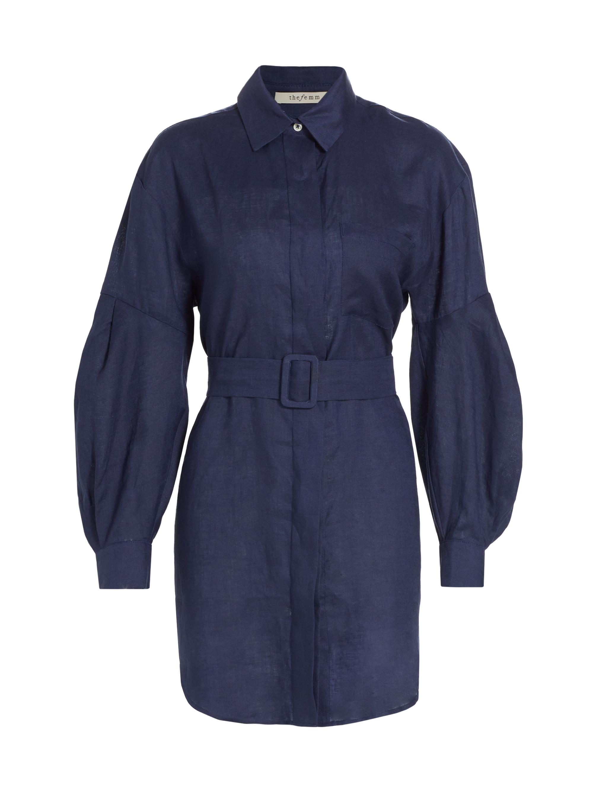The Femm Women's Louisa Linen Belted Shirtdress - Navy Blue