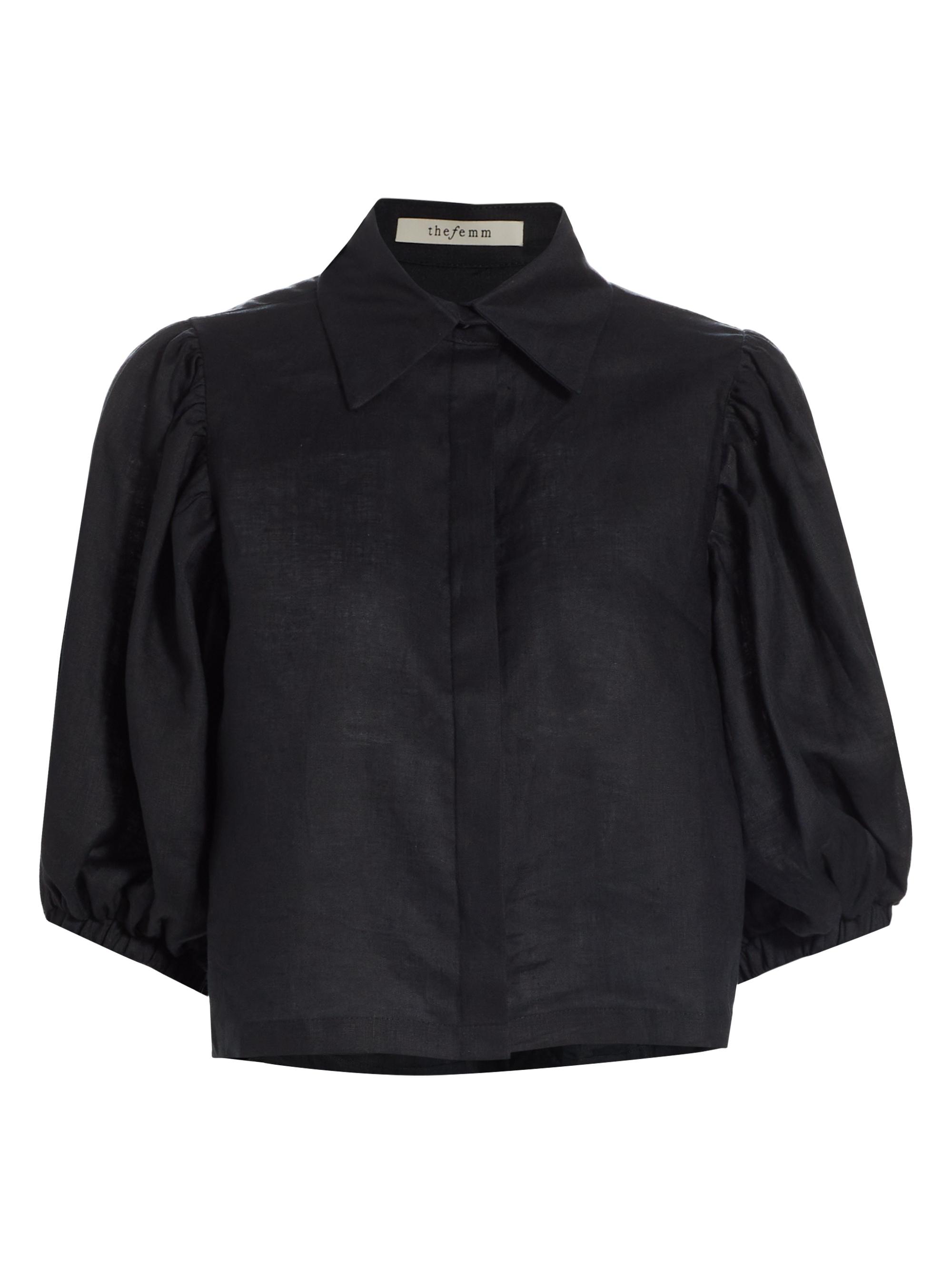 The Femm Women's Sol Linen Puff-Sleeve Top - Black