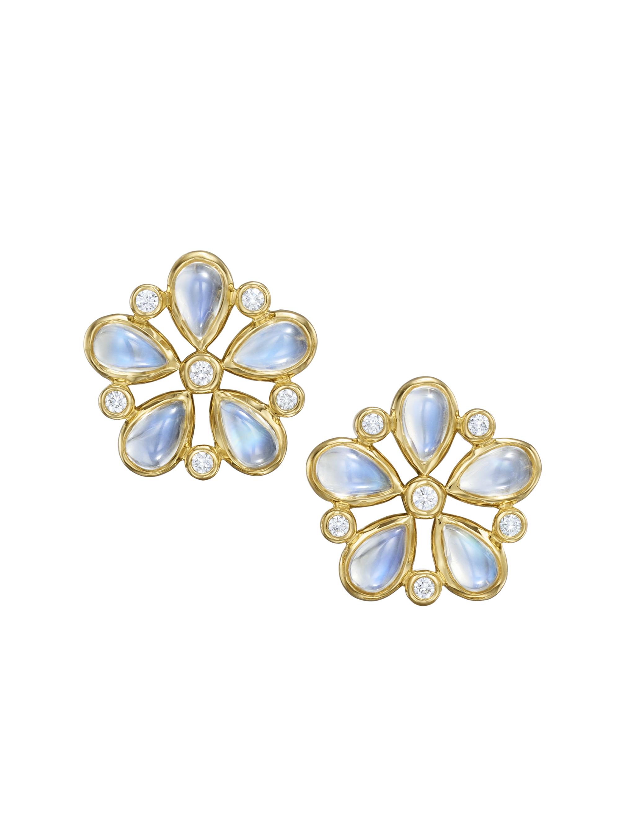 Temple St. Clair Women's Florence86 FJ Luna Flower 18K Yellow Gold, Blue Moonstone & 0.29 TCW Diamond Stud Earrings - Yellow Gold