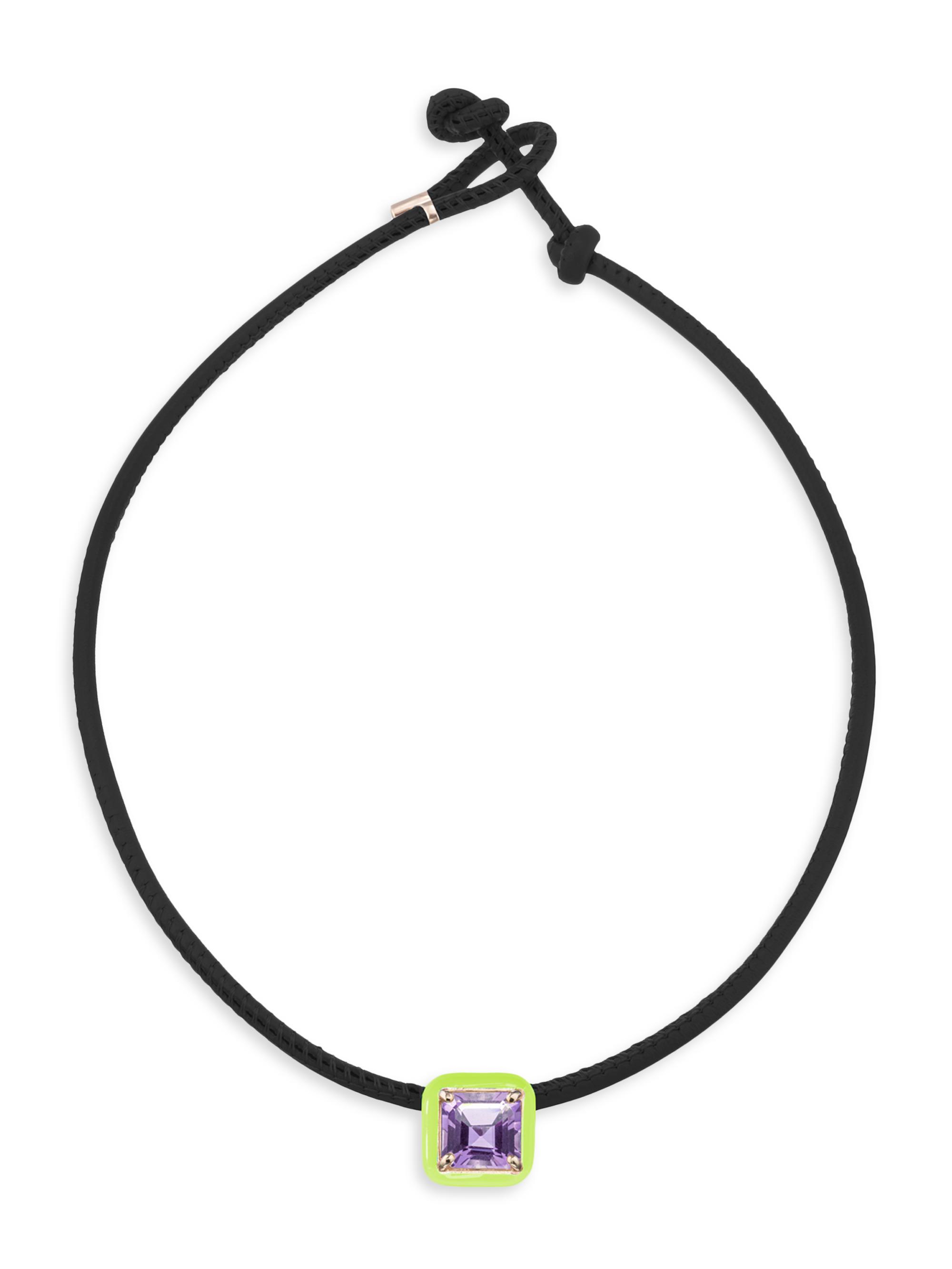 Bea Bongiasca Women's Flower Funk Pop Choker With Square In Candy Setting Goldtone, Enamel, Amethyst & Leather Necklace - Lime Green