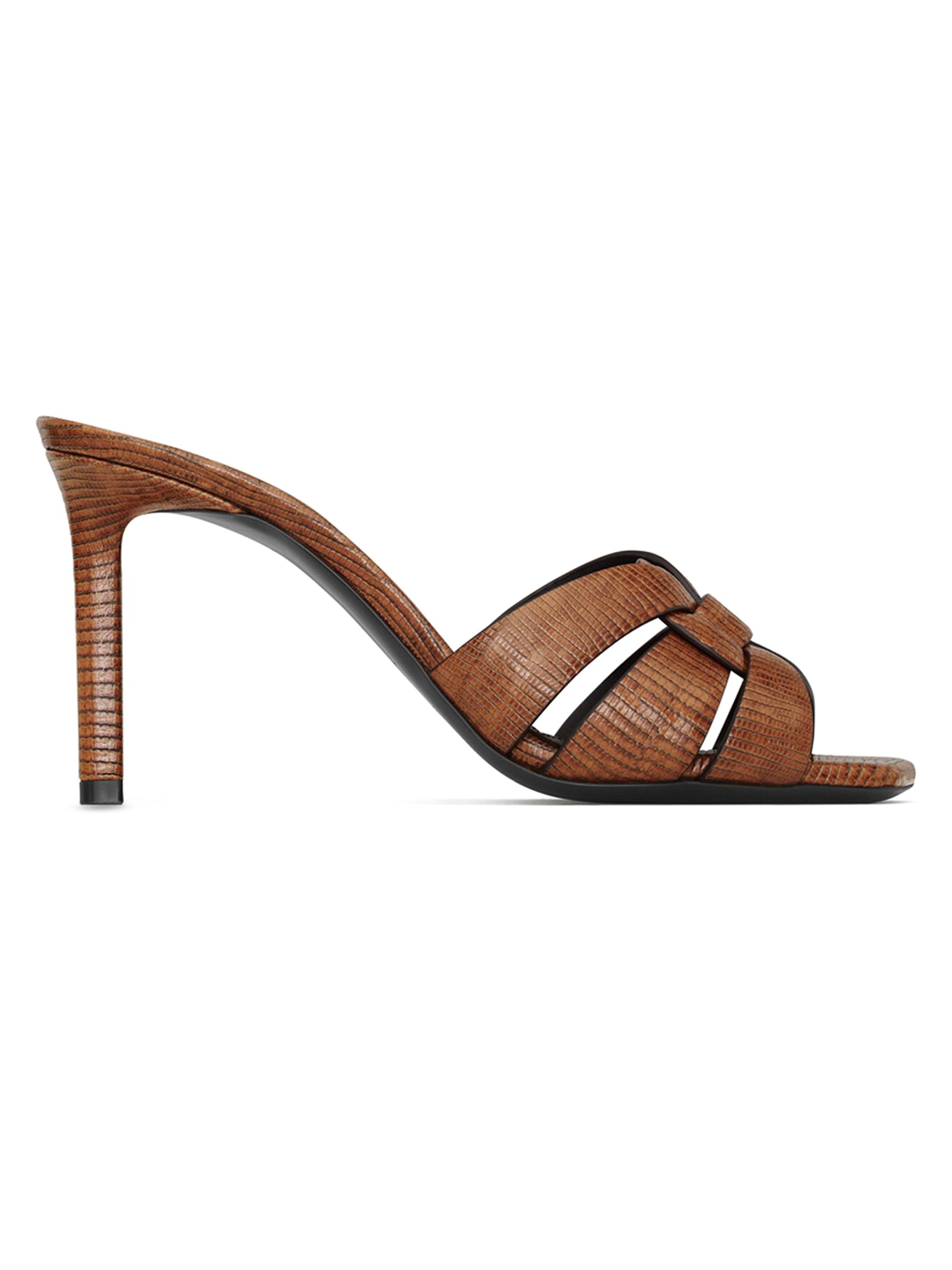 Saint Laurent Women's Tribute Mules in Lizard Embossed Leather - Almond Brown