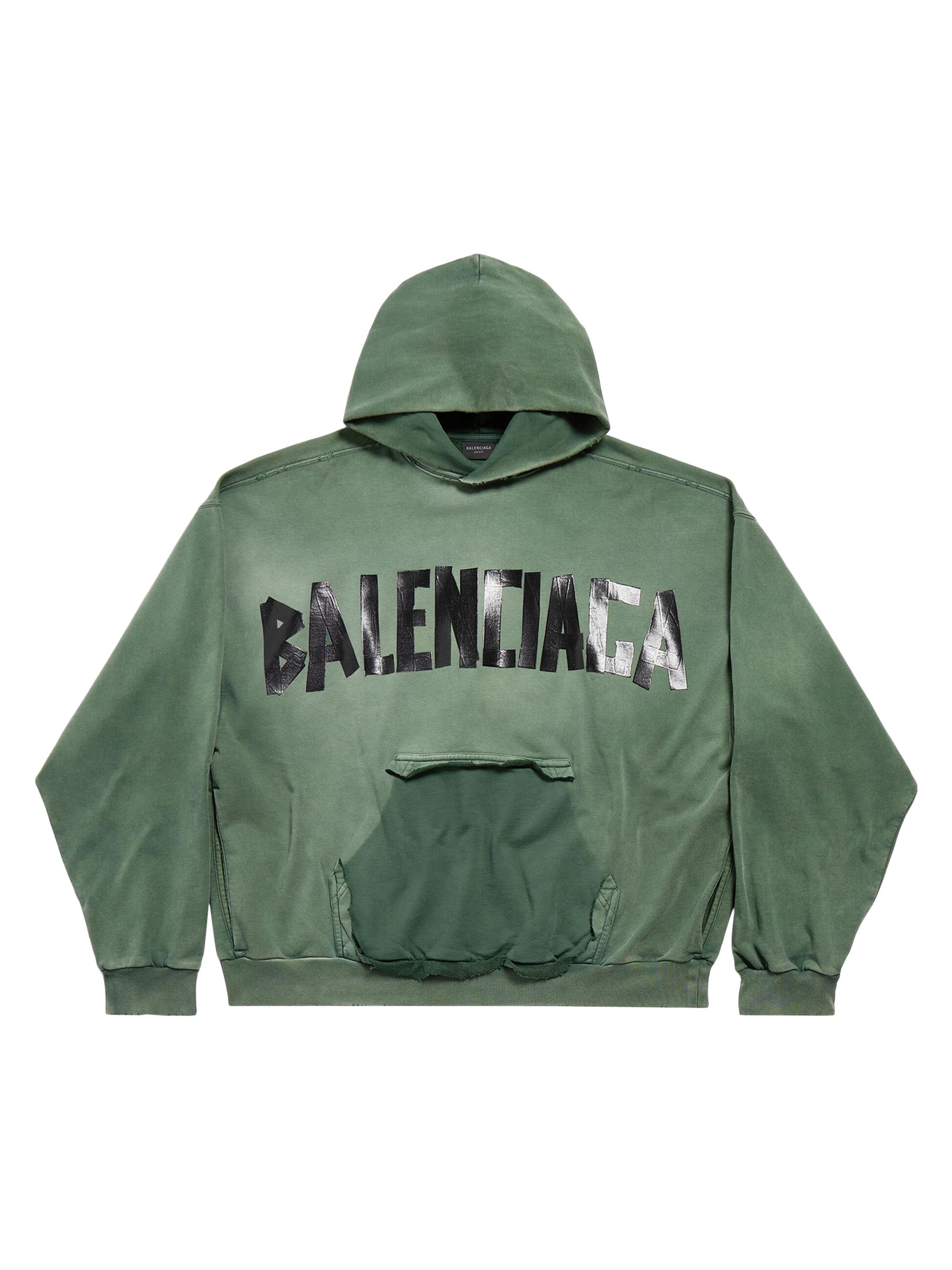 Balenciaga Men's Large Fit New Tape Type Ripped Pocket Hoodie - Dark Green