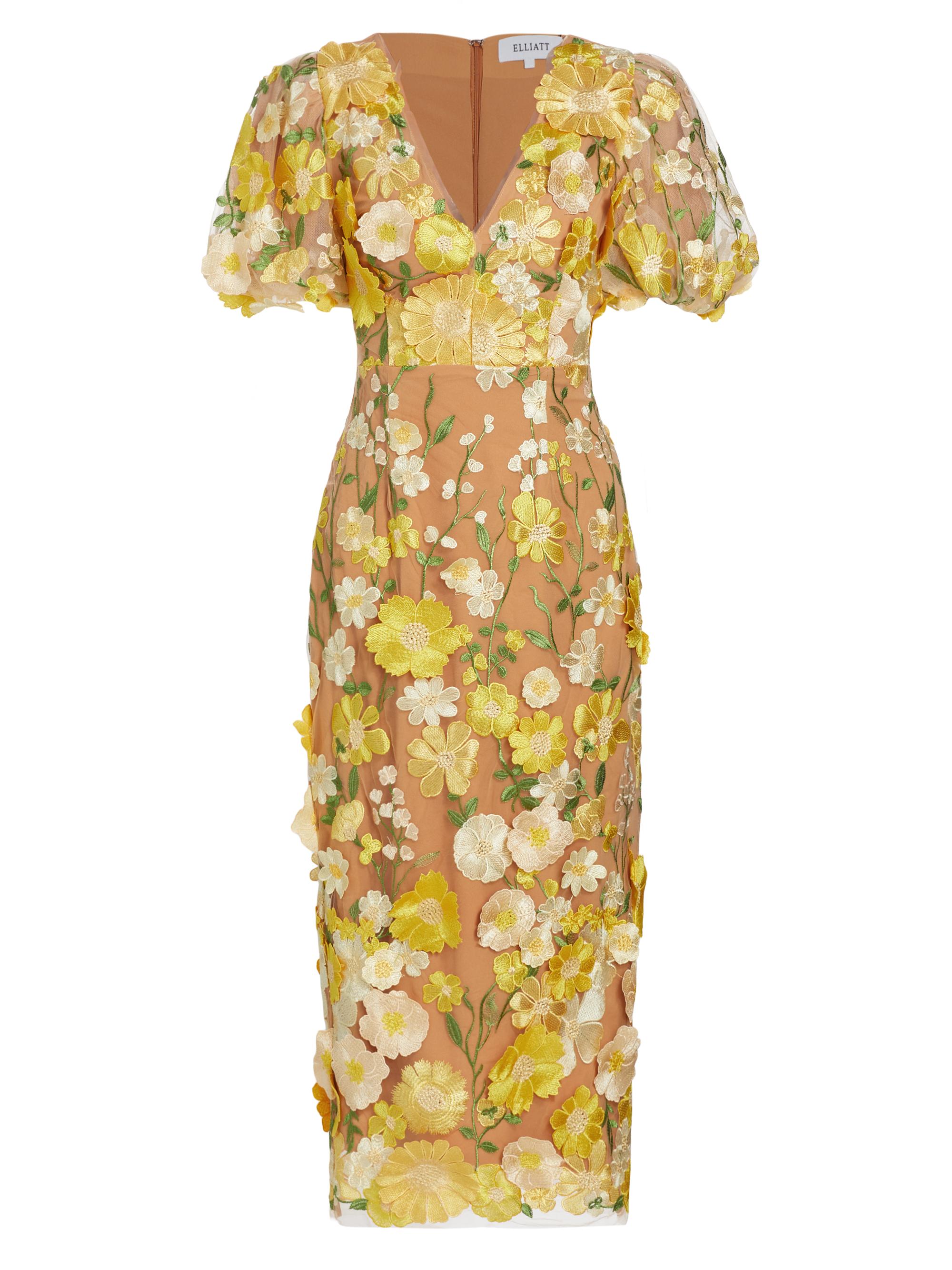 Elliatt Women's Indie Floral Puff-Sleeve Midi-Dress - Yellow Multi
